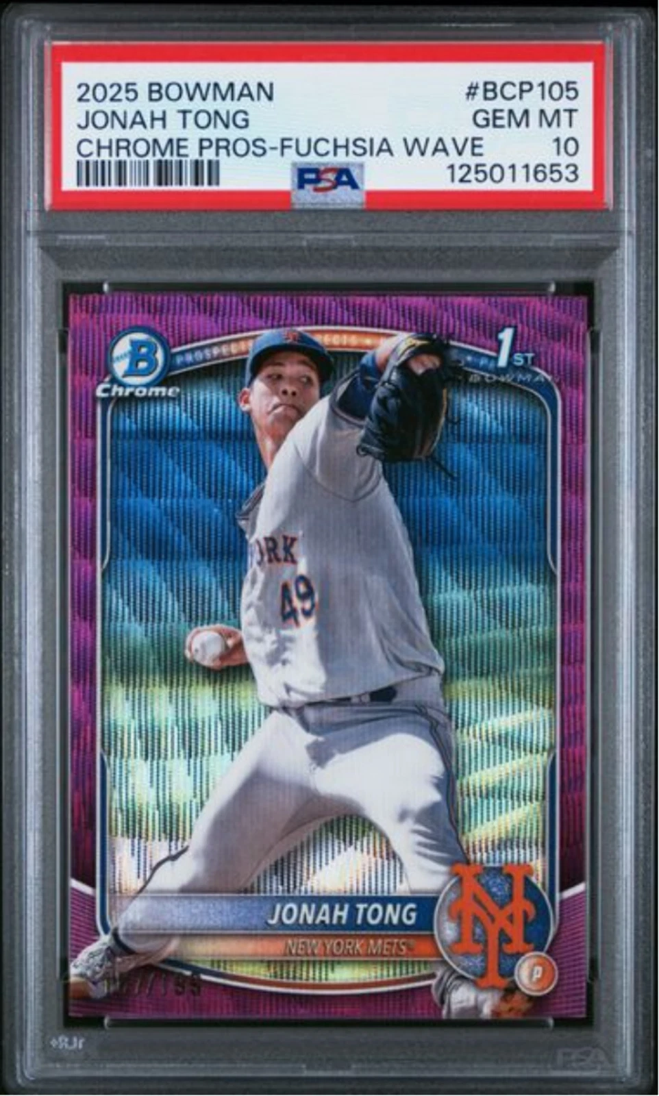 Graded 2025 Bowman Jonah Tong BCP105 Chrome Fuschia Wave /199 Rookie Card PSA 10