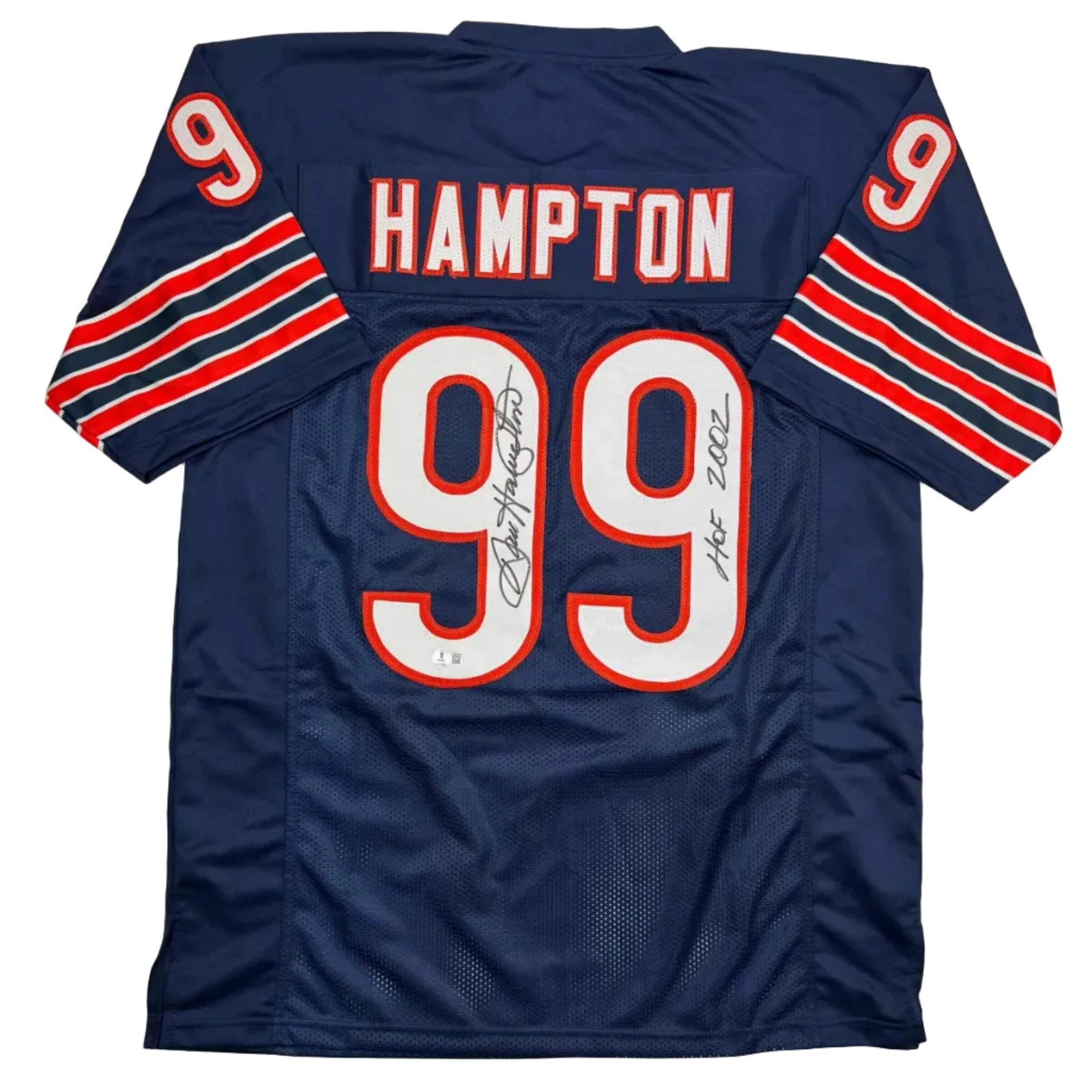 Autographed/Signed DAN HAMPTON HOF 2002 Chicago Blue Football Jersey JSA COA
