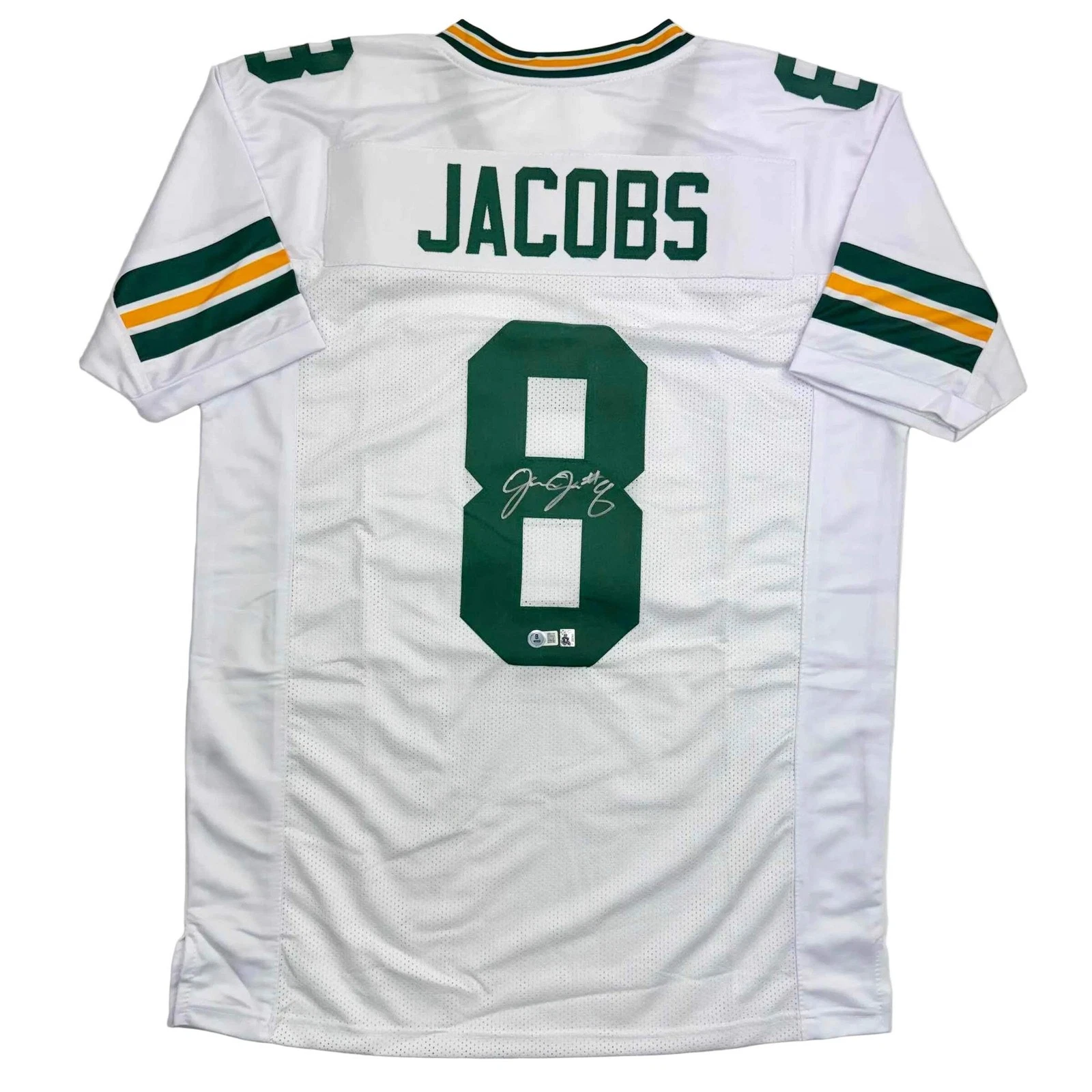 Autographed/Signed Josh Jacobs Green Bay White Football Jersey Beckett BAS COA
