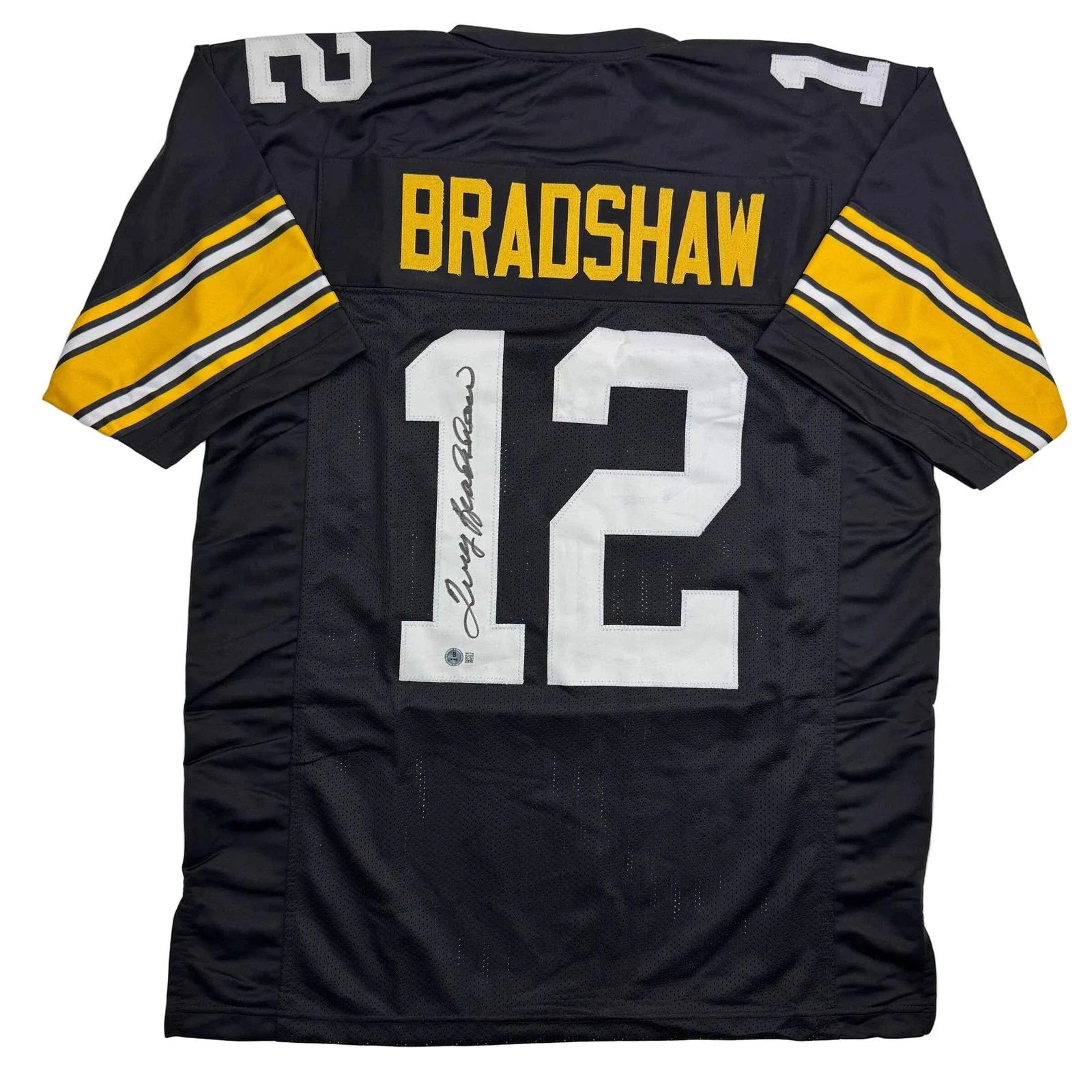 Autographed/Signed Terry Bradshaw Pittsburgh Black Football Jersey Beckett COA