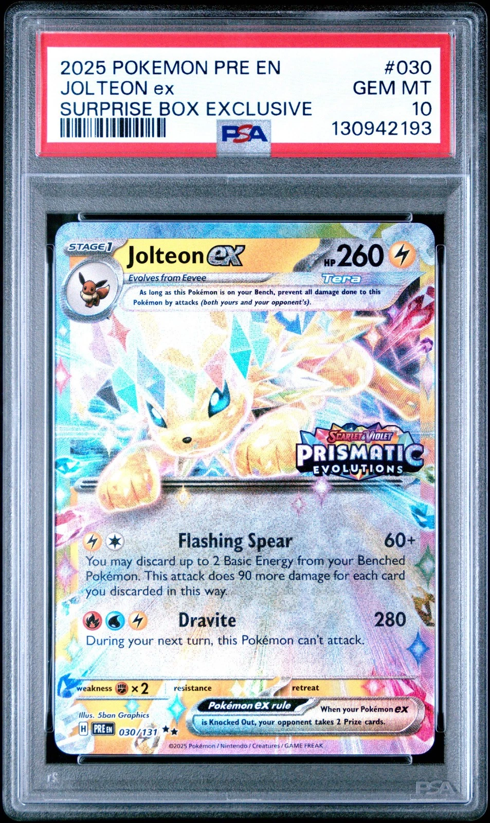 Graded 2025 PKM PRE EN Jolteon ex #030 Surprise Box Exclusive Prismatic PSA 10