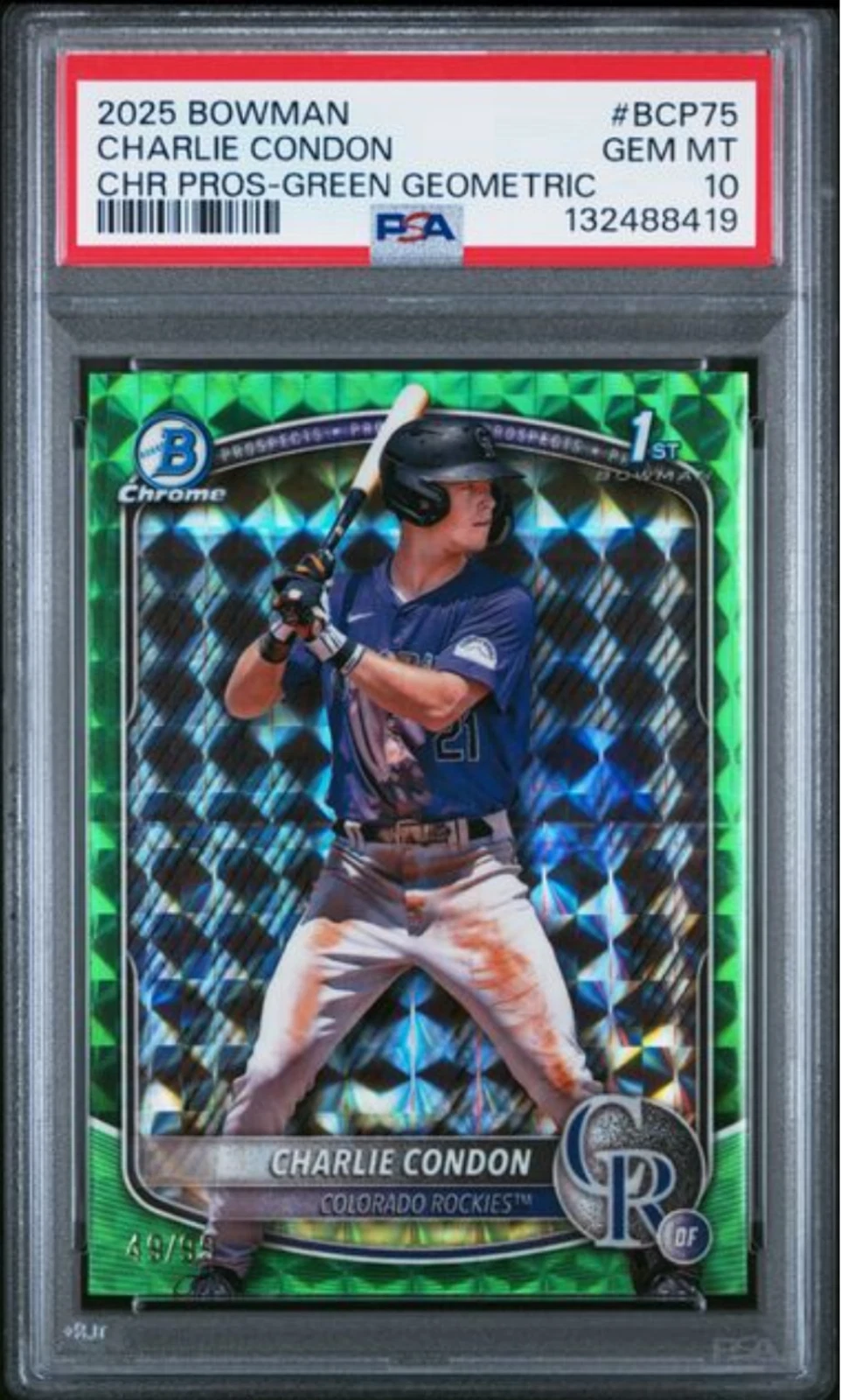 Graded 2025 Bowman Charlie Condon #BCP75 Green Geometric /99 Rookie Card PSA 10