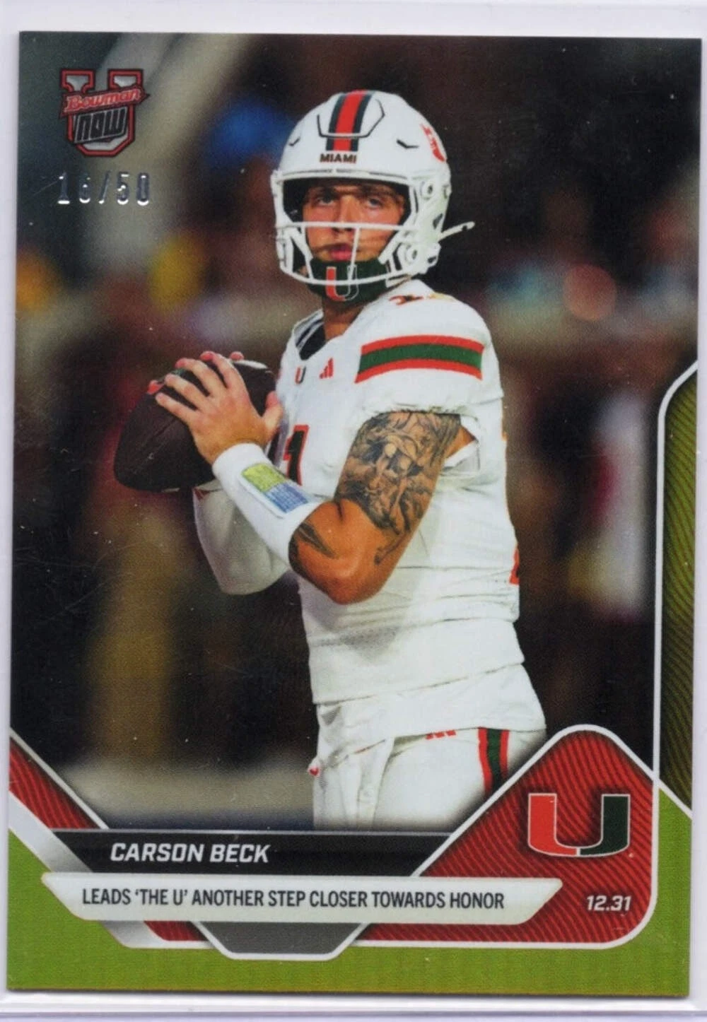 2025 Topps Bowman U Now Carson Beck #63 Gold Foil /50 Miami Rookie Card