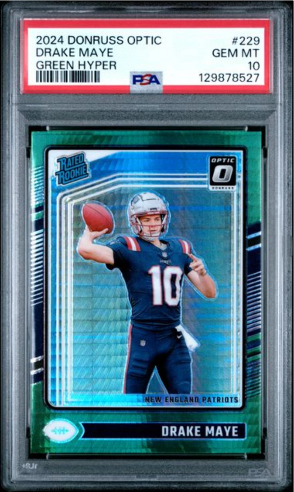 Graded 2024 Panini Donruss Optic Drake Maye #229 Green Hyper Rookie Card PSA 10