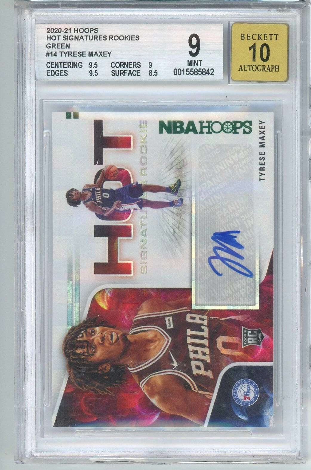 2020 Panini Hoops Tyrese Maxey #HR-TMA Hot Sigs Green Auto Rookie Card BGS 10