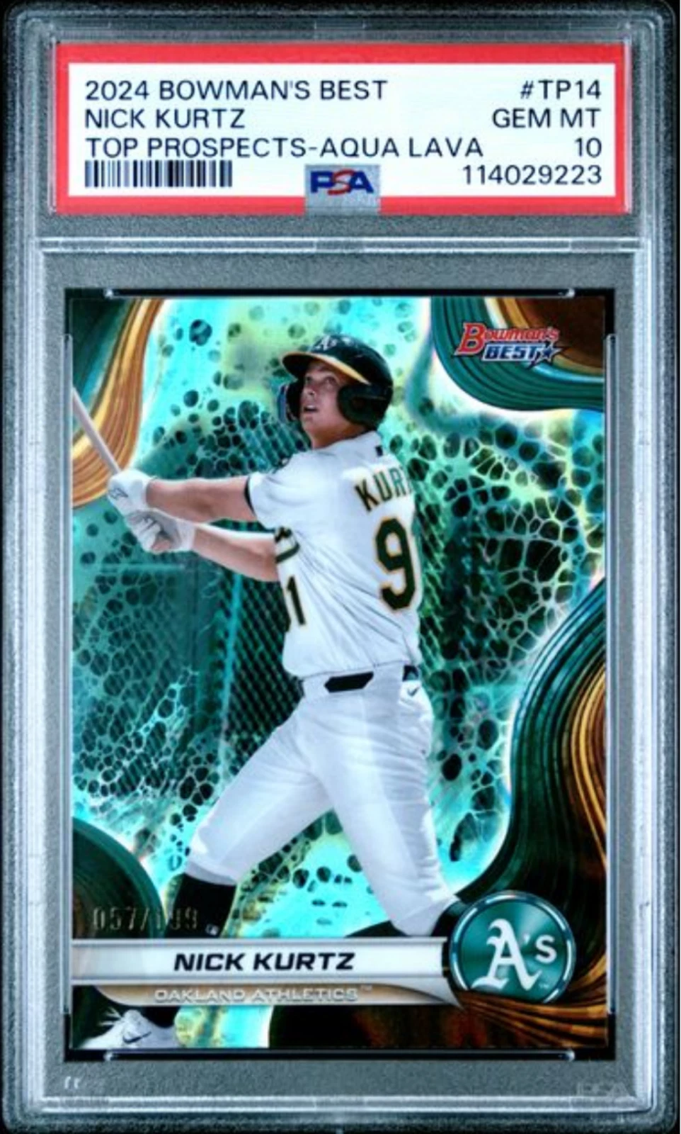 Graded 2024 Bowmans Best Nick Kurtz #TP14 Aqua Lava /199 RC Baseball Card PSA 10