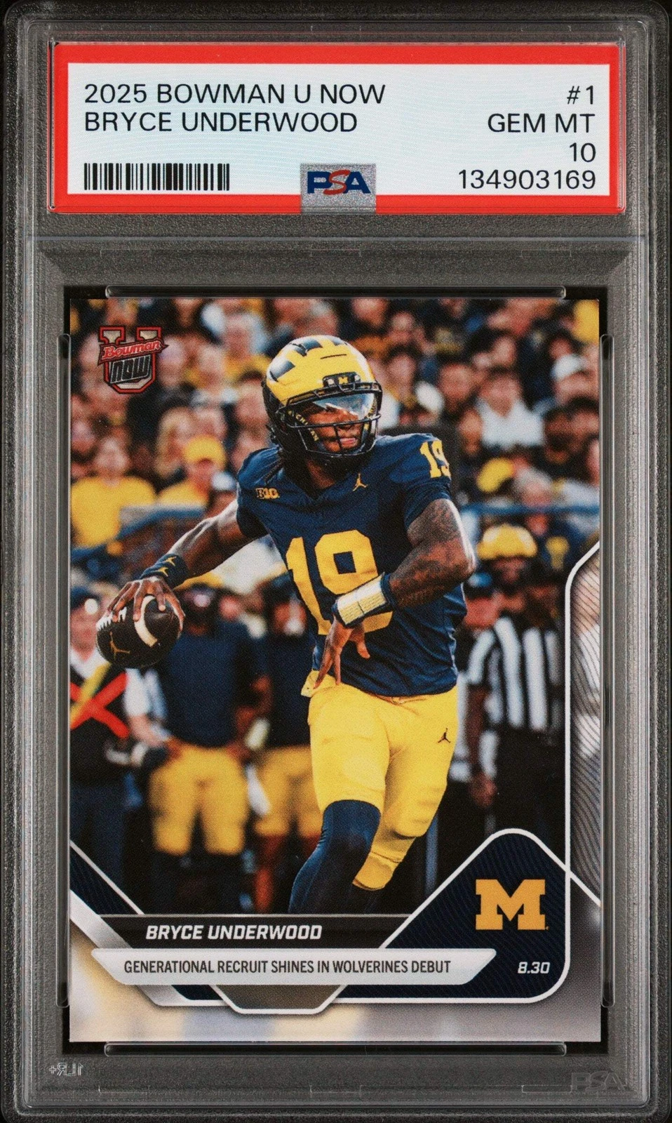 Graded 2025 Bowman U Now Bryce Underwood #1 Rookie RC Football Card PSA 10