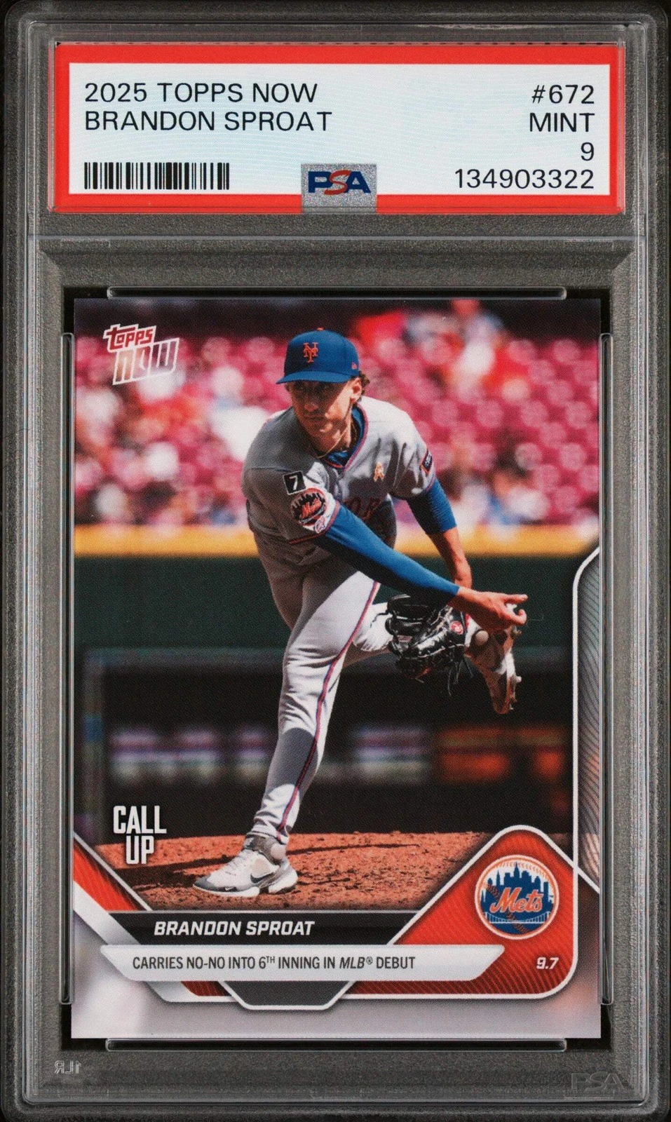 Graded 2025 Topps Now Brandon Sproat #672 Rookie RC Baseball Card PSA 9 Mint