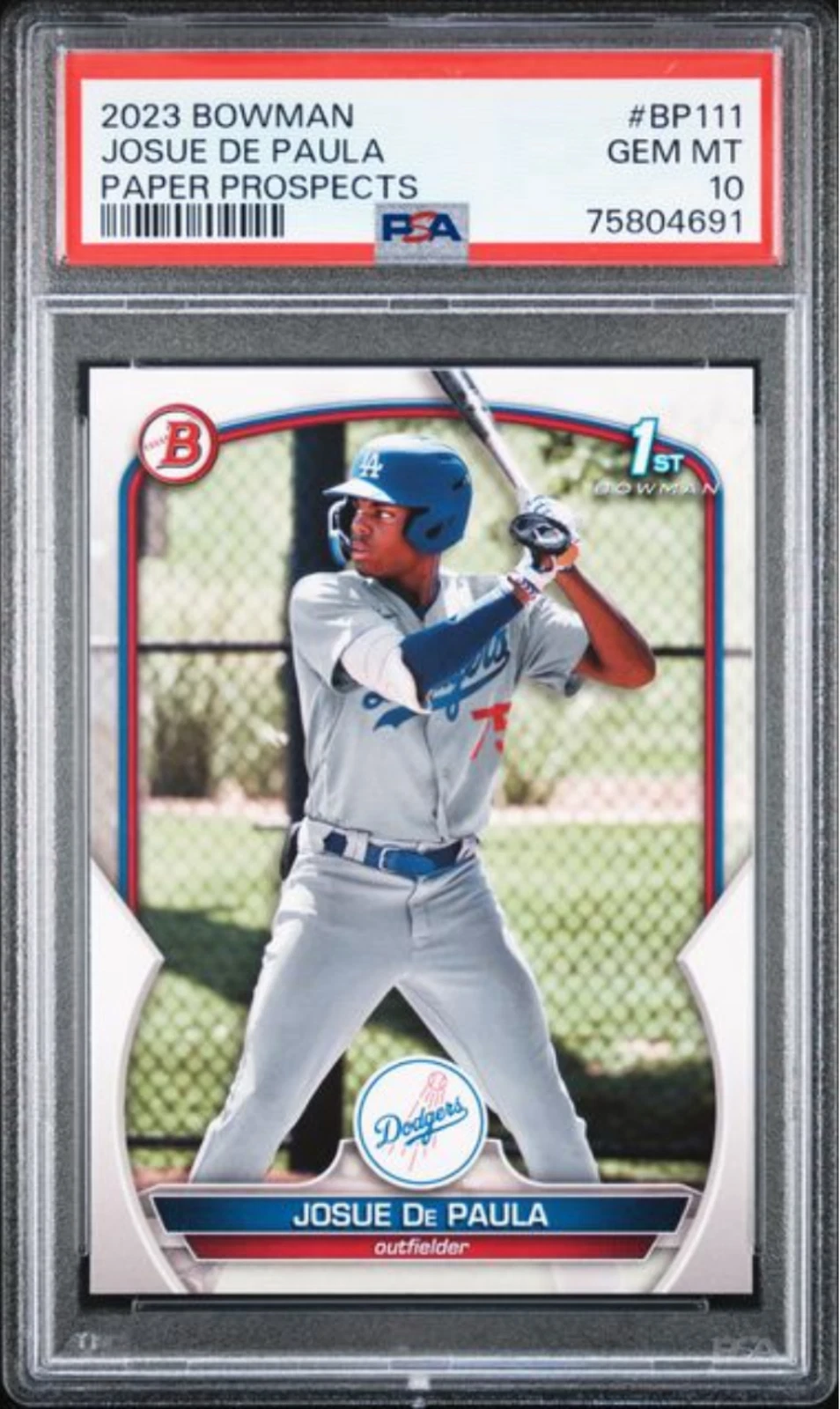 Graded 2023 Topps Bowman Josue De Paula BP111 Paper Prospects Rookie Card PSA 10