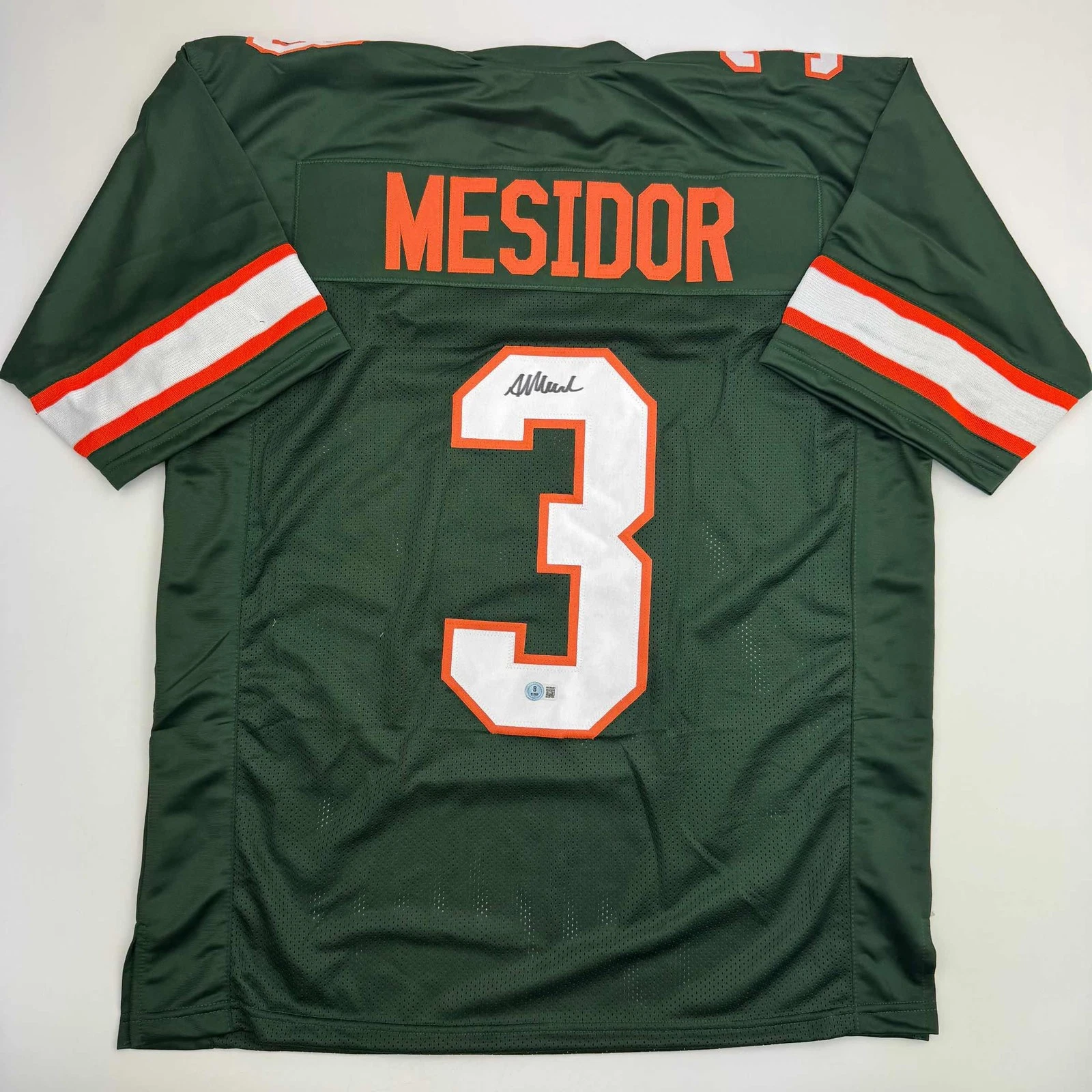 Autographed/Signed Akheem Mesidor Miami Green College Jersey Beckett BAS COA