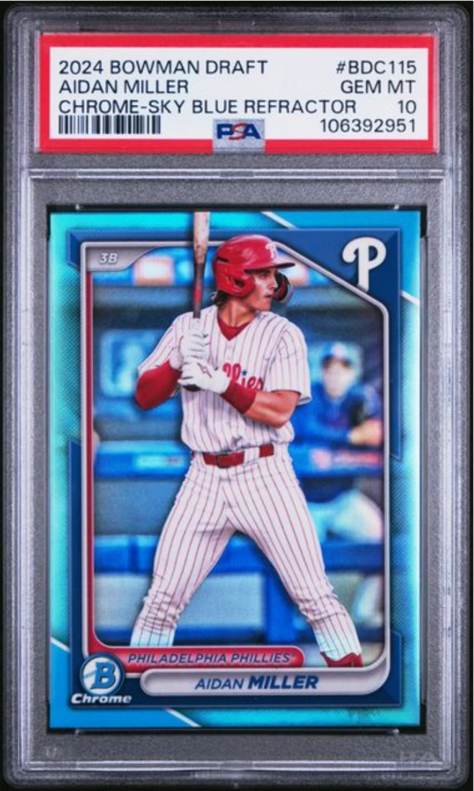 Graded 2024 Bowman Draft Aidan Miller #BDC115 Chrome Sky Blue Rookie Card PSA 10