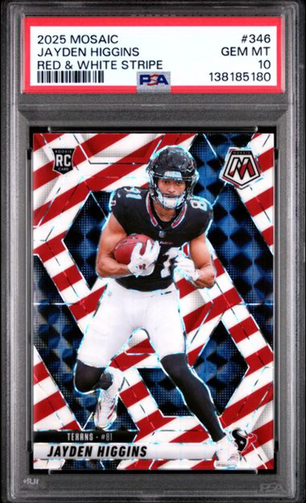 Graded 2025 Panini Mosaic Jayden Higgins 346 Red White Stripe Rookie Card PSA 10