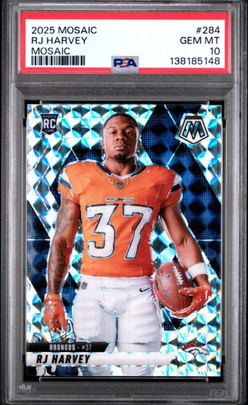 Graded 2025 Panini Mosaic RJ Harvey #284 Mosaic Variation Rookie RC Card PSA 10