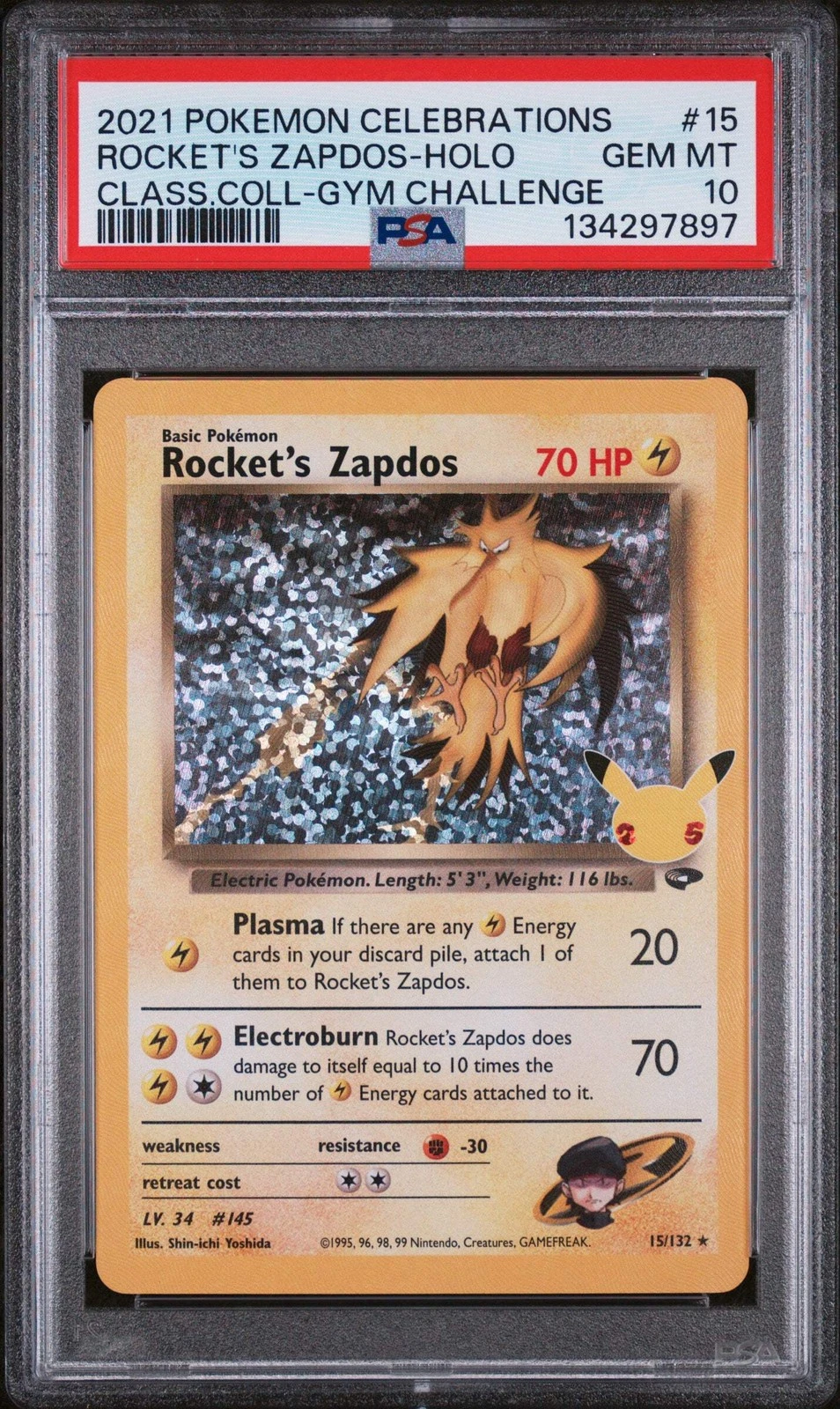 Graded 2021 Pokemon Celebrations Classic Rocket's Zapdos HOLO 15 Gym Card PSA 10