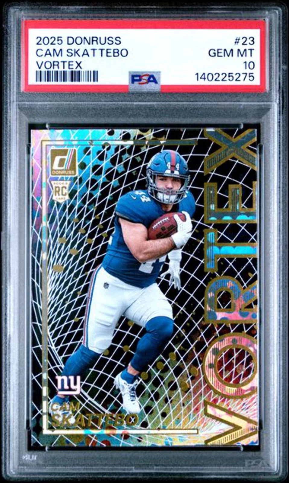 Graded 2025 Panini Donruss Cam Skattebo #23 Vortex Rookie RC Card PSA 10 Mint