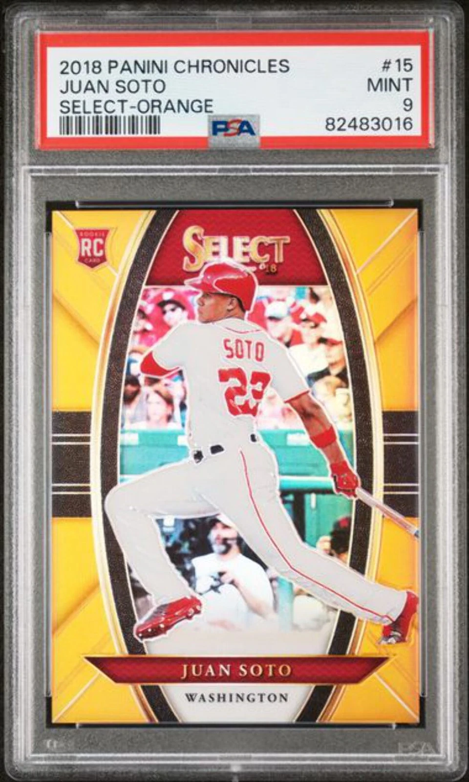 Graded 2018 Panini Chronicles Juan Soto #15 /199 Select Orange RC Card PSA 9