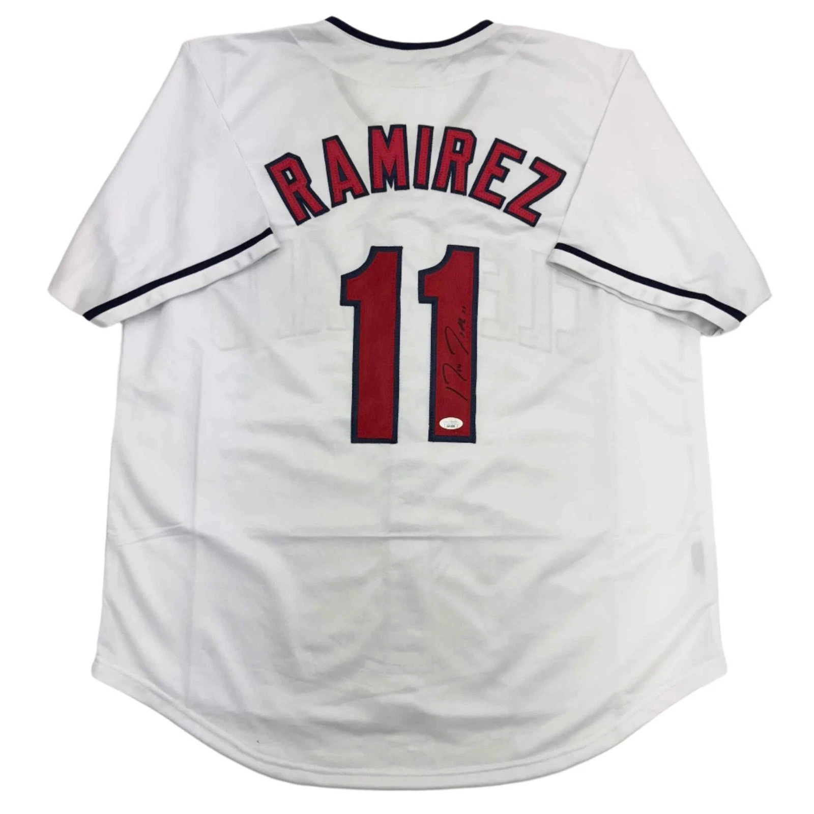 Autographed/Signed JOSE RAMIREZ Cleveland White Baseball Jersey Beckett BAS COA