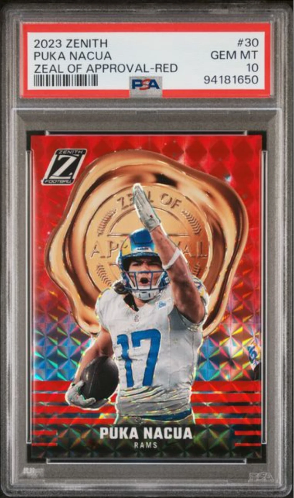 Graded 2023 Panini Zenith Puka Nacua #30 Zeal of Approval Red Rookie Card PSA 10