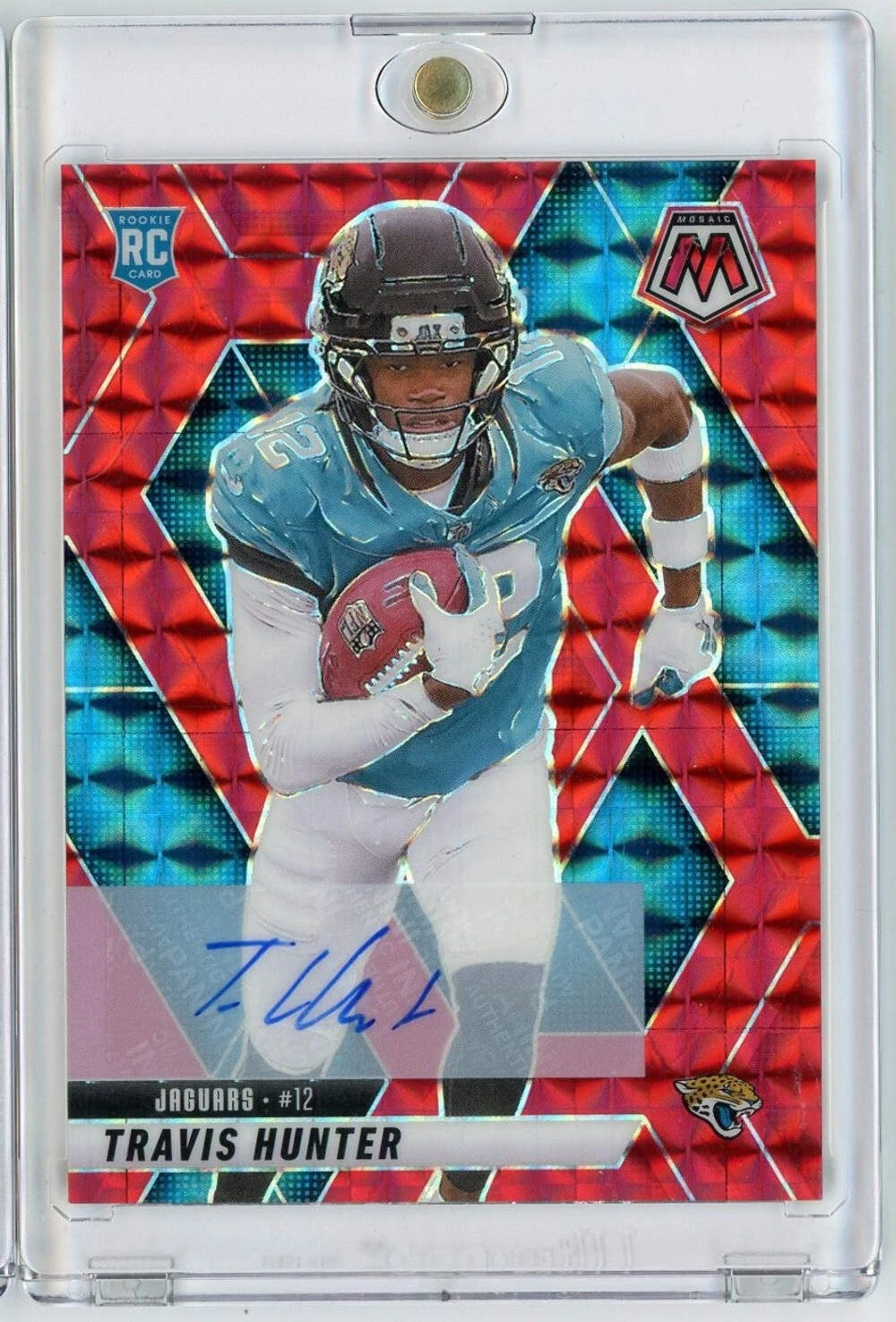 2025 Panini Mosaic Travis Hunter #301 /199 Red Mosaic Auto Rookie Football Card