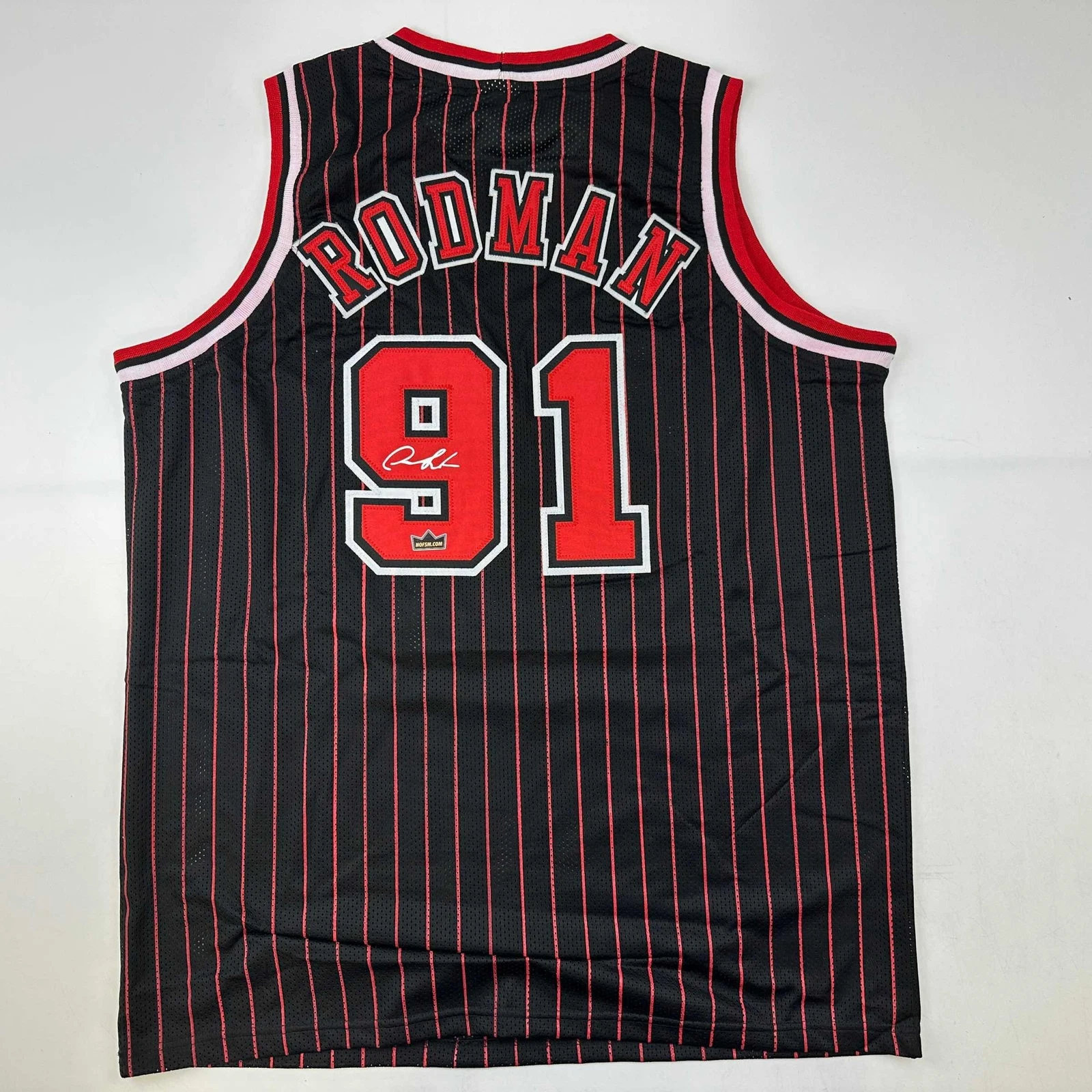 Facsimile Autographed Dennis Rodman Chicago Black Pinstripe Reprint Jersey XL