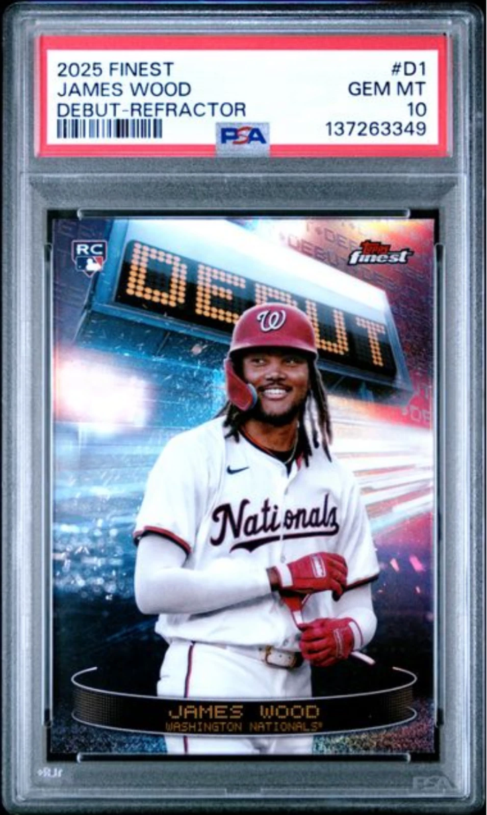 Graded 2025 Topps Finest James Wood #D1 Debut Refractor RC Baseball Card PSA 10