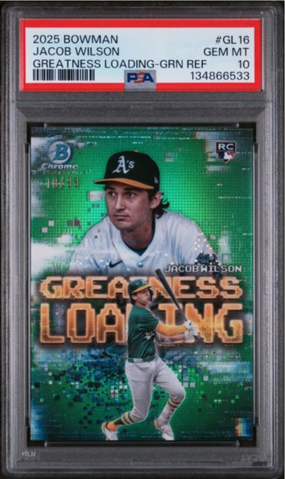 Graded 2025 Bowman Jacob Wilson #GL16 Green Refractor /RC Baseball Card PSA 10