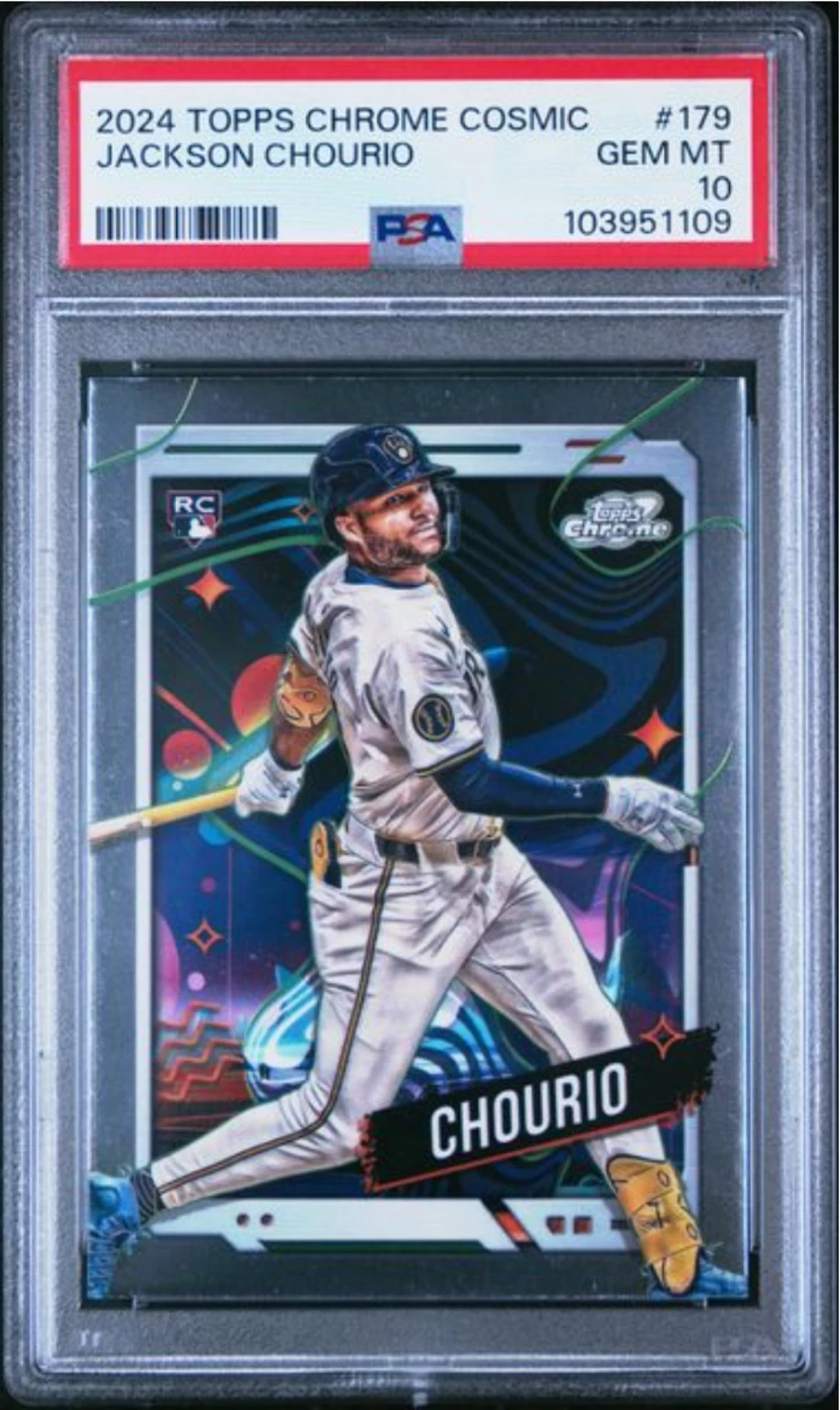Graded 2024 Topps Cosmic Chrome Jackson Chourio #179 Rookie Baseball Card PSA 10
