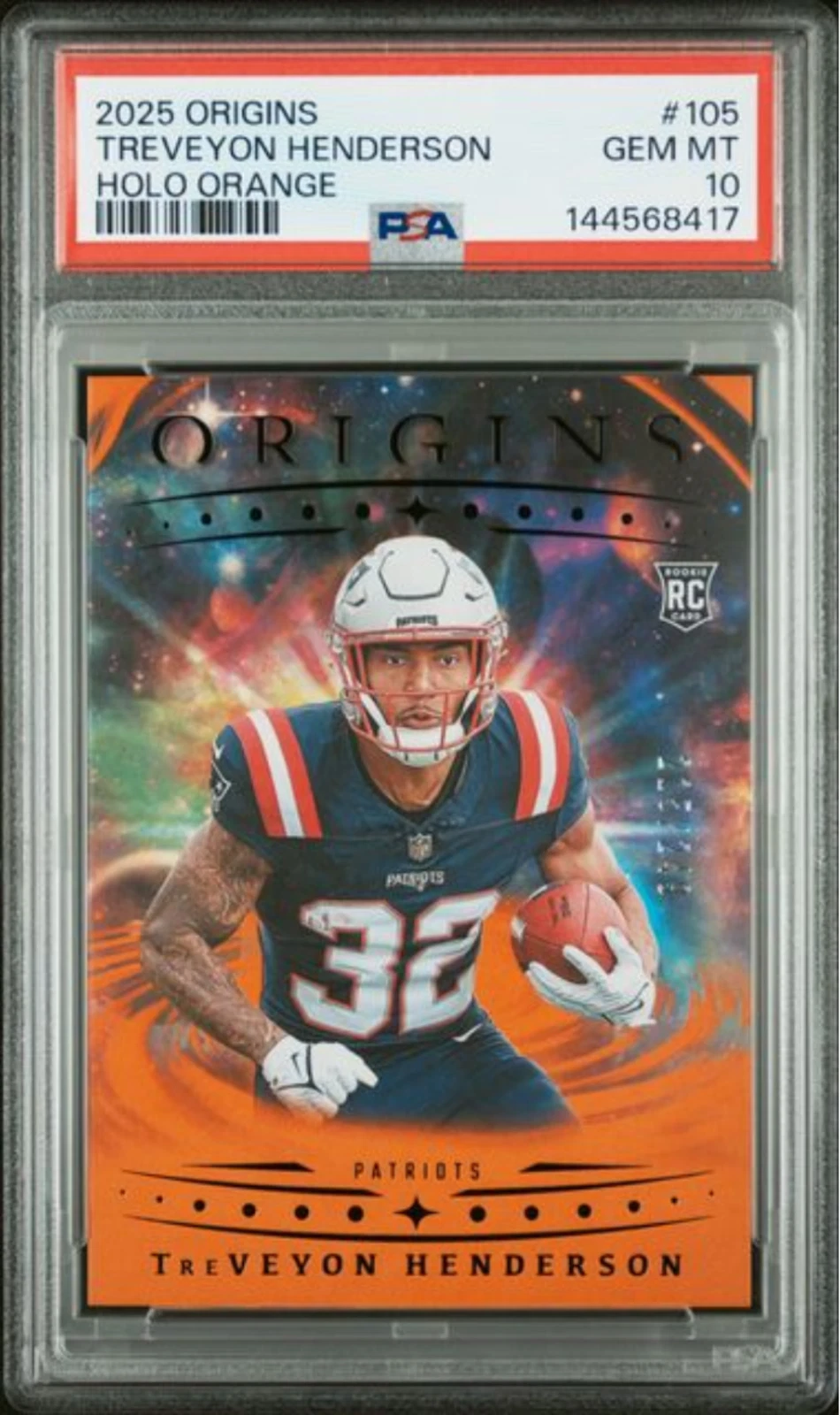 Graded 2025 Origins TreVeyon Henderson #105 Orange /249 RC Football Card PSA 10