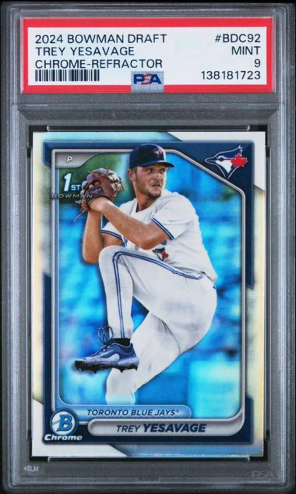 Graded 2024 Bowman Draft Trey Yesavage #BDC92 Chrome Refractor Rookie Card PSA 9