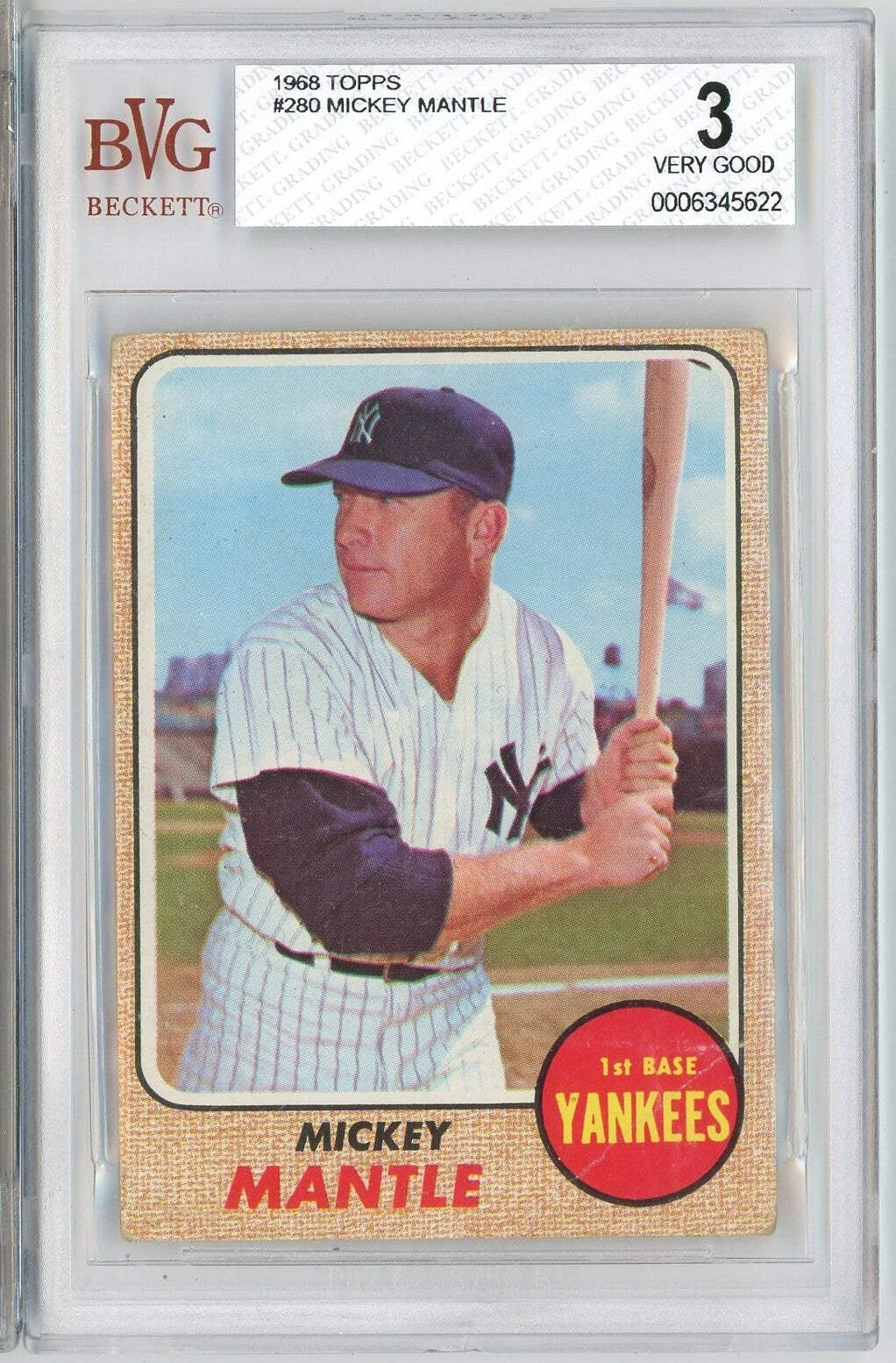 Graded 1968 Topps Mickey Mantle #280 Baseball Card BGS 3 Very Good
