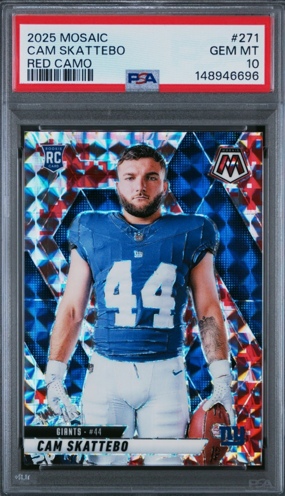 Graded 2025 Panini Mosaic Cam Skattebo #271 Red Camo Rookie RC Card PSA 10 Mint
