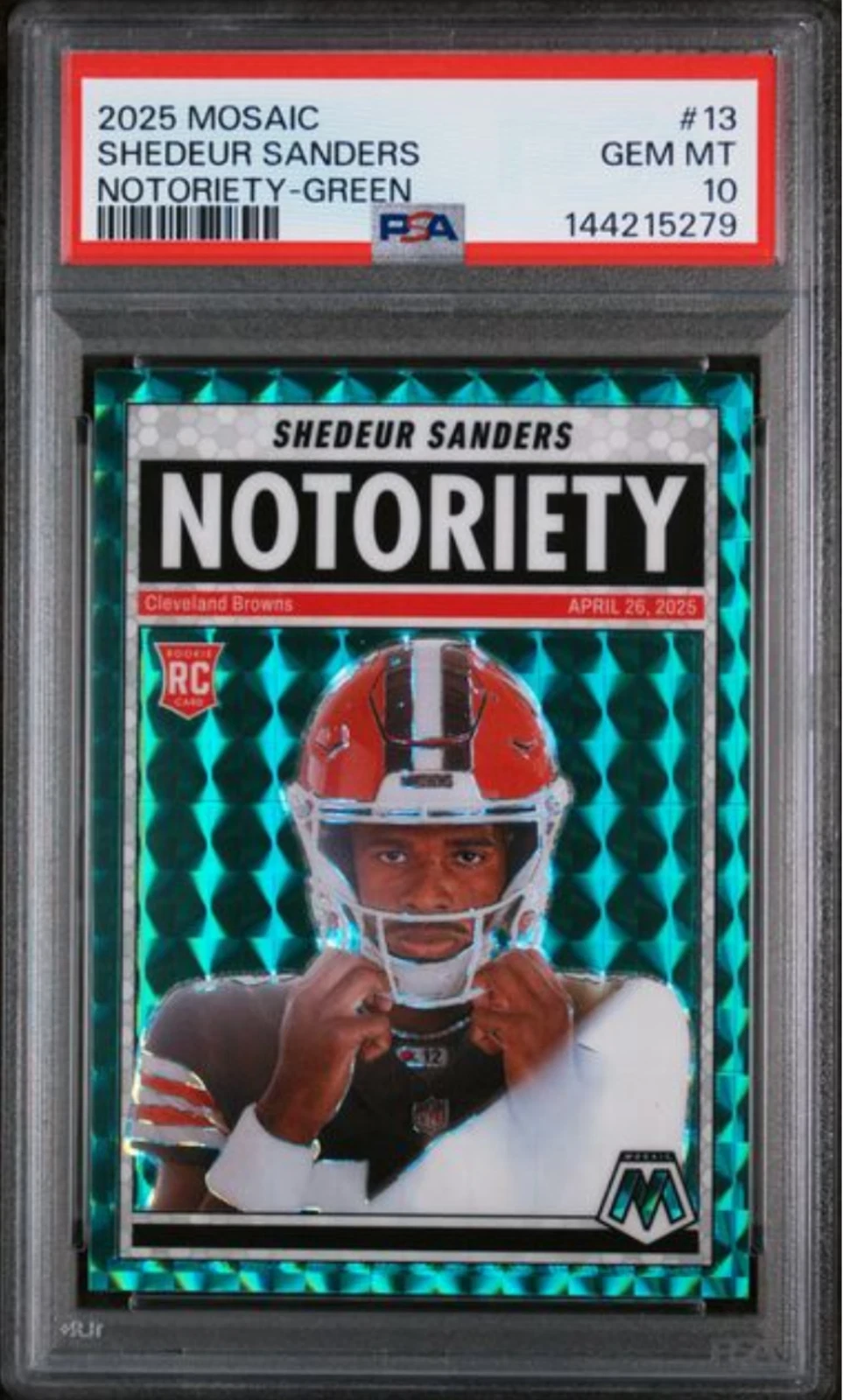 Graded 2025 Panini Mosaic Shedeur Sanders #13 Notoriety Green Rookie Card PSA 10