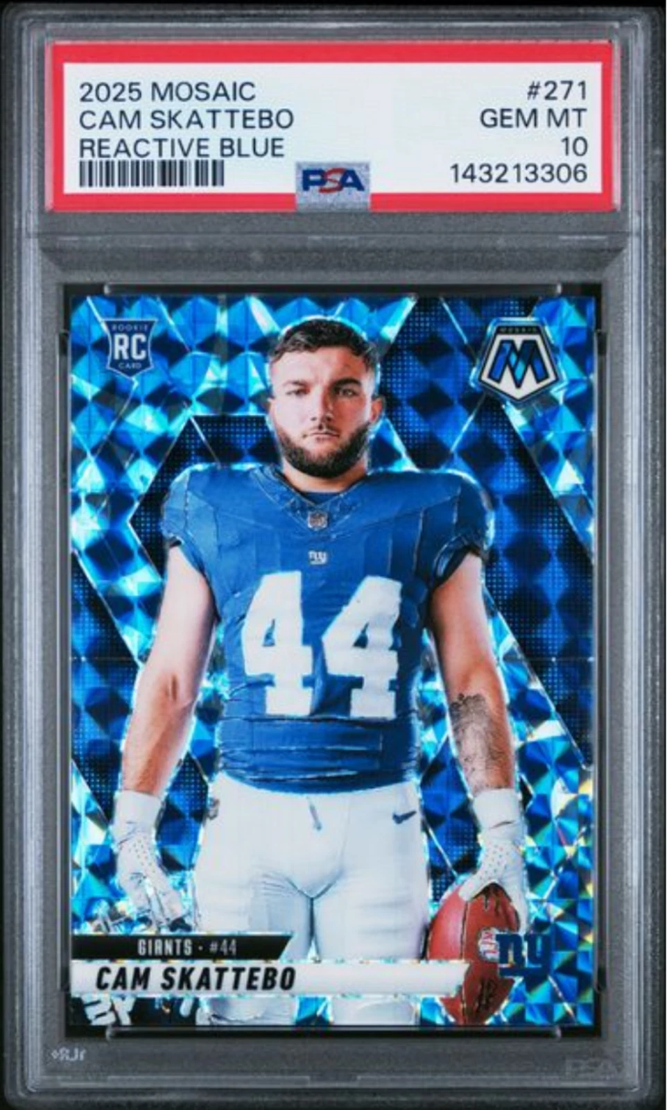Graded 2025 Panini Mosaic Cam Skattebo #271 Reactive Blue Rookie RC Card PSA 10