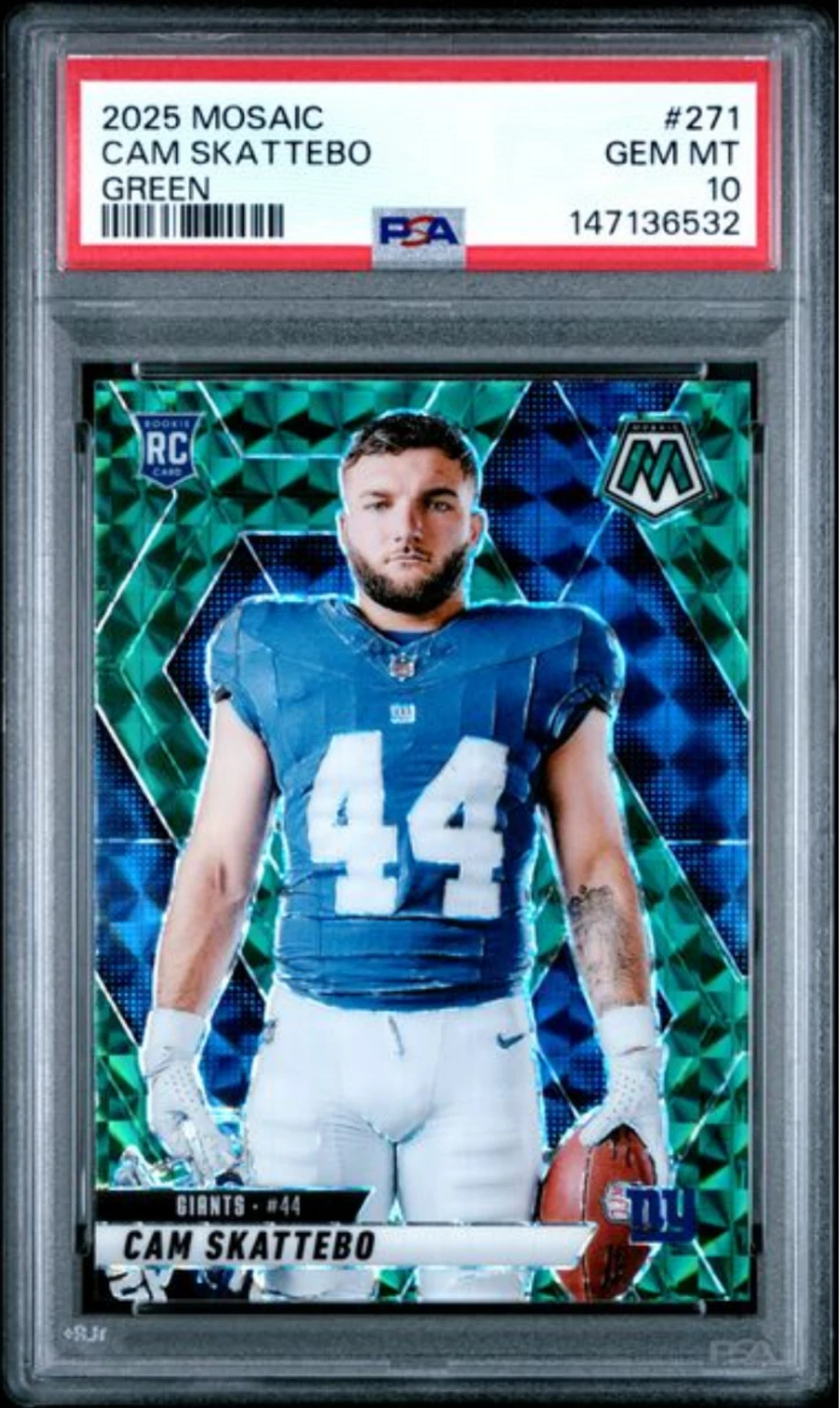Graded 2025 Panini Mosaic Cam Skattebo #271 Green Rookie RC Football Card PSA 10