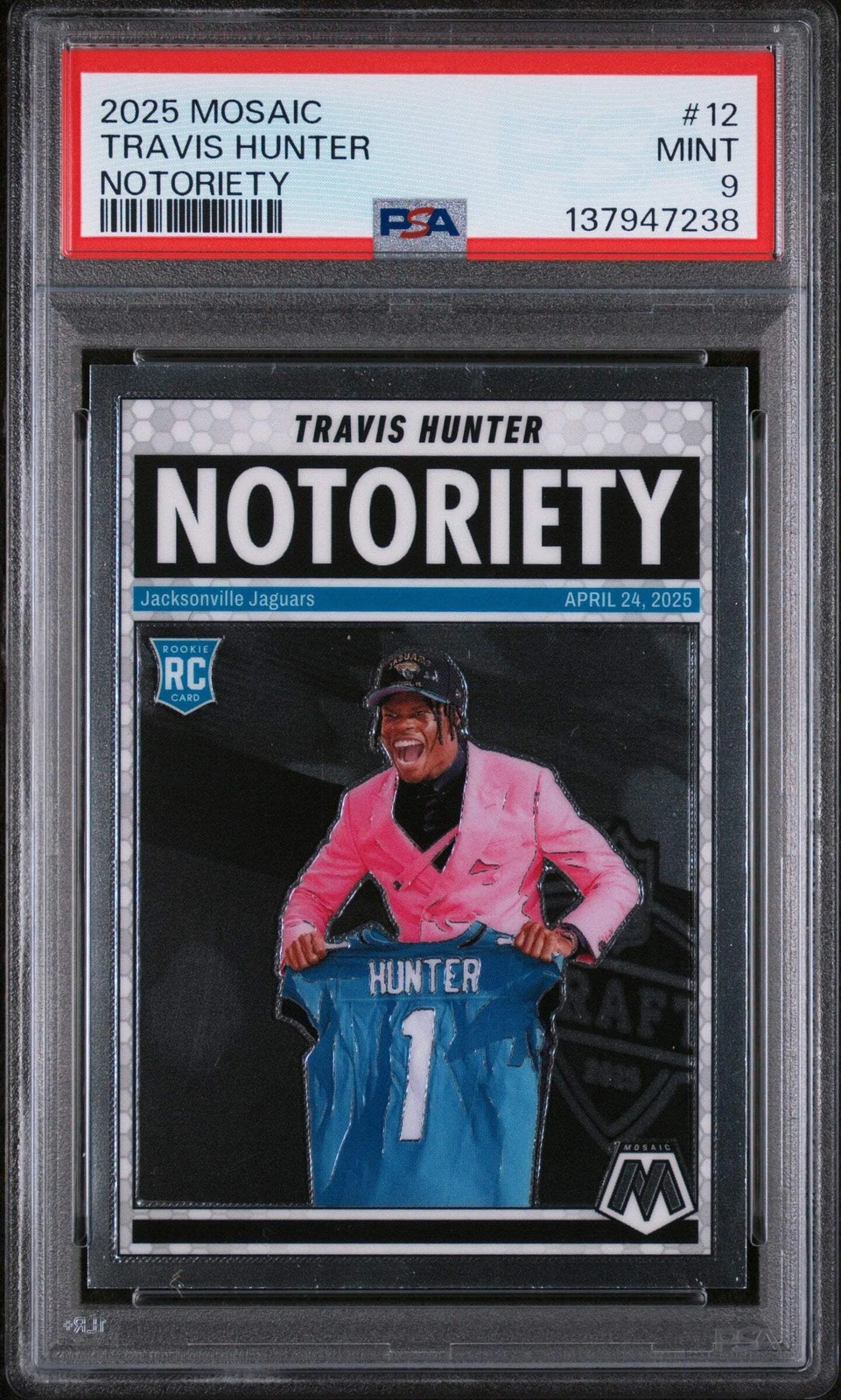 Graded 2025 Panini Mosaic Travis Hunter #12 Notoriety Rookie Football Card PSA 9