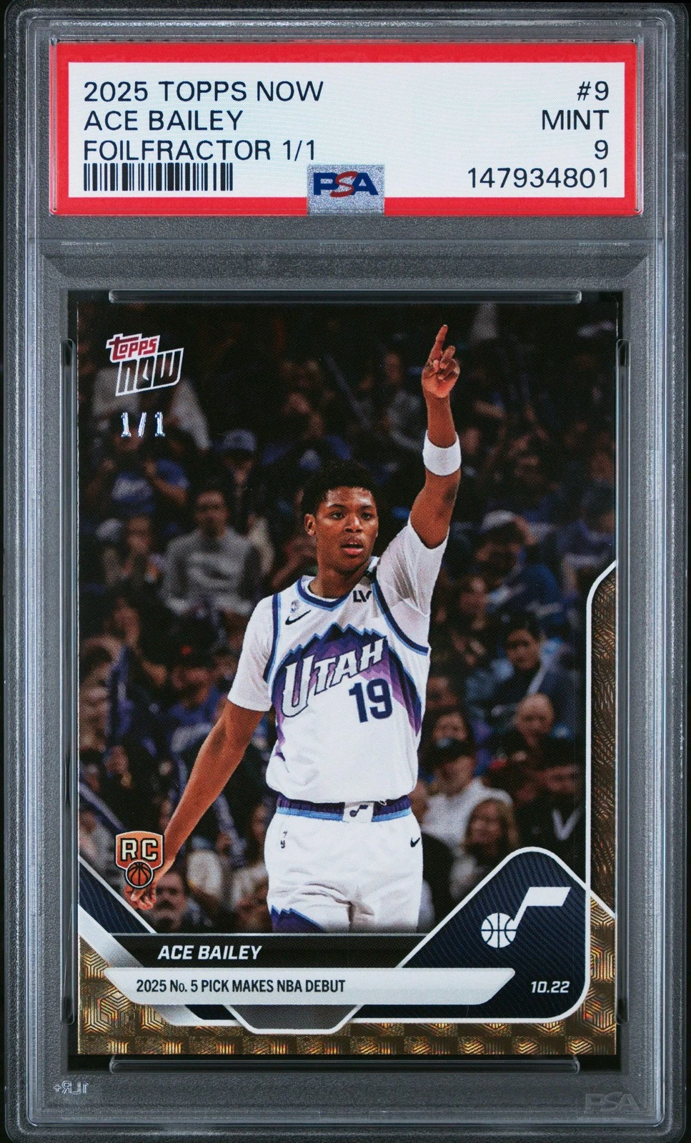 Graded 2025 Topps Now Ace Bailey #9 FoilFractor 1/1 Rookie Basketball Card PSA 9