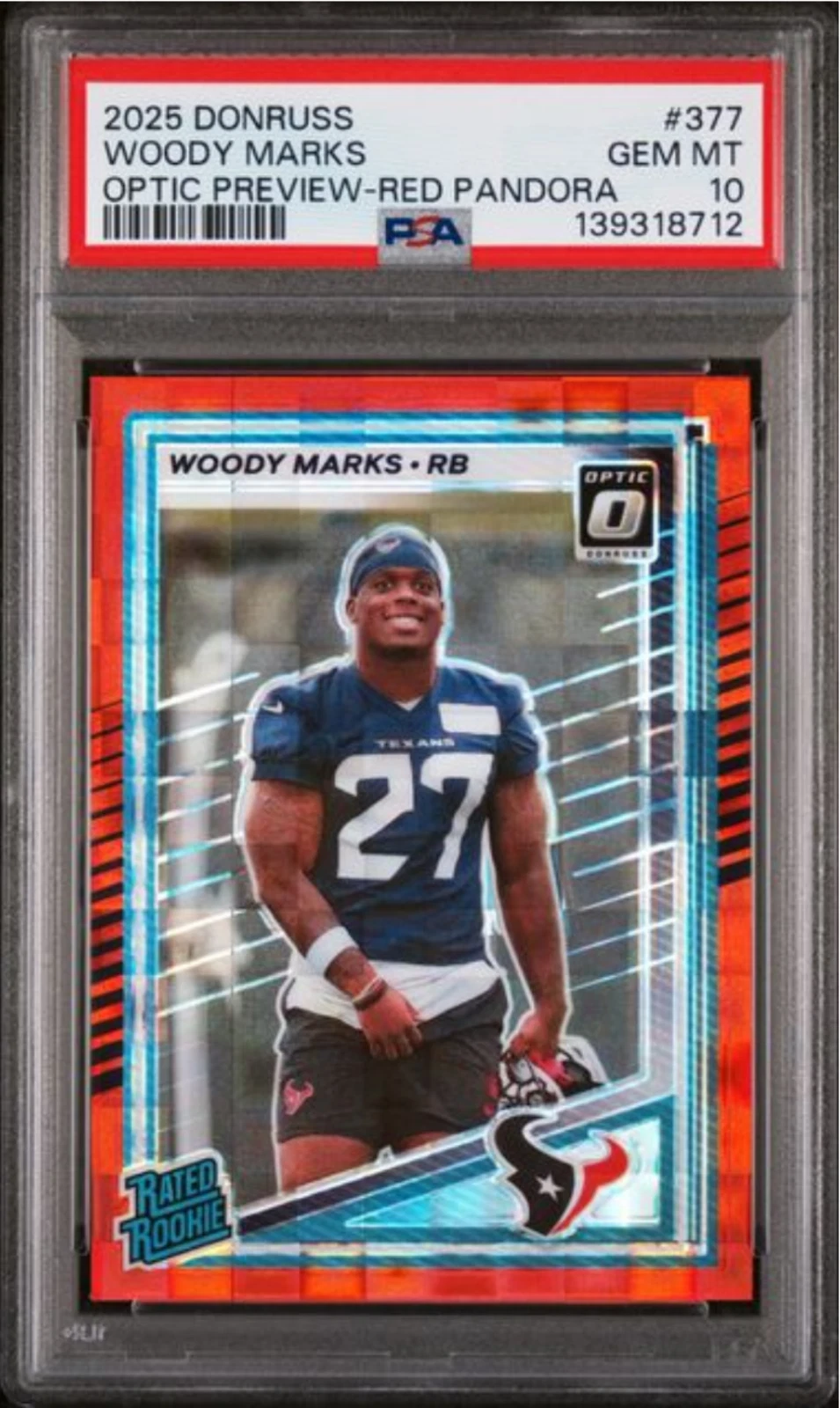 Graded 2025 Panini Donruss Woody Marks #377 Red Pandora RC Football Card PSA 10