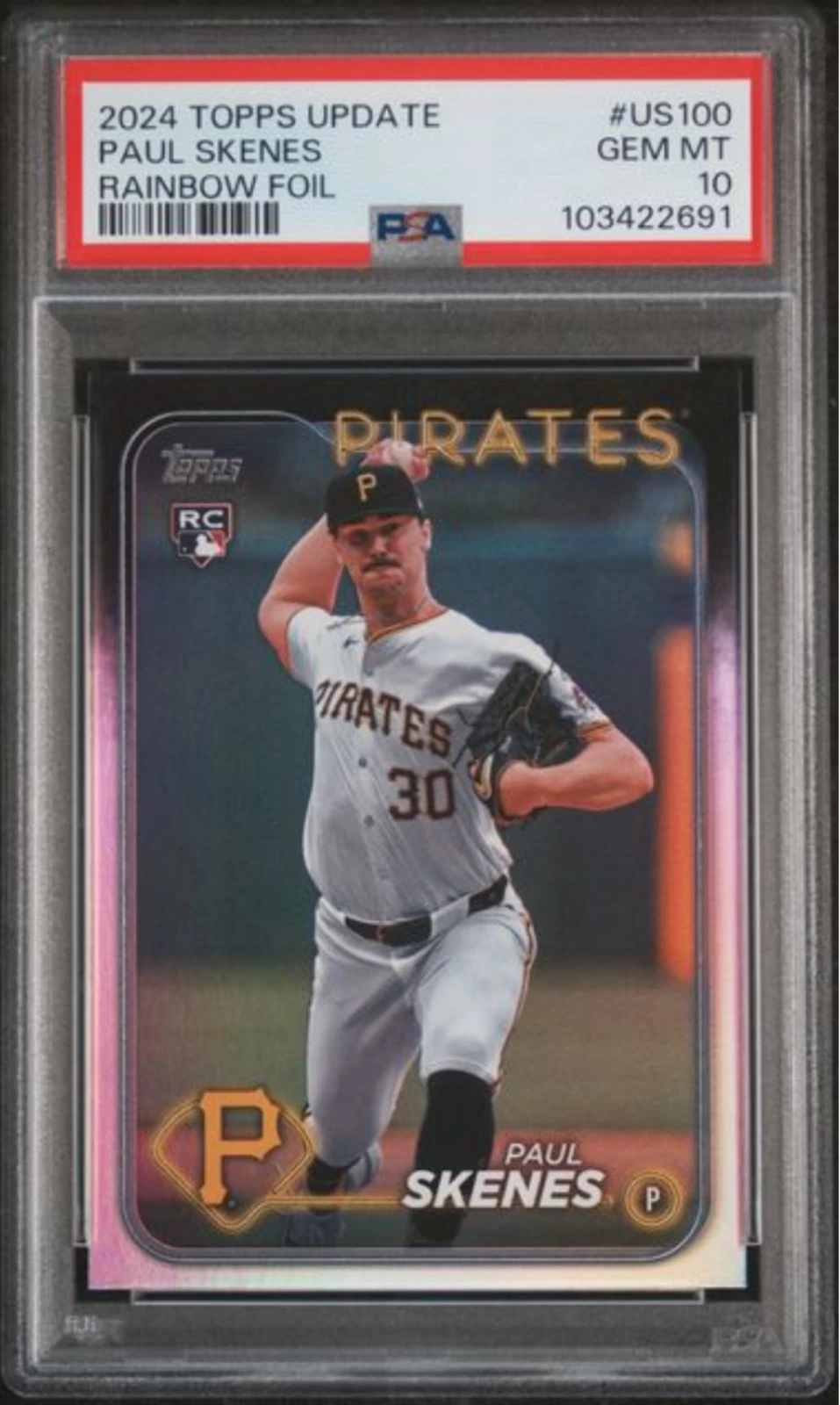 Graded 2024 Topps Update Paul Skenes #US100 Rainbow Foil RC Baseball Card PSA 10