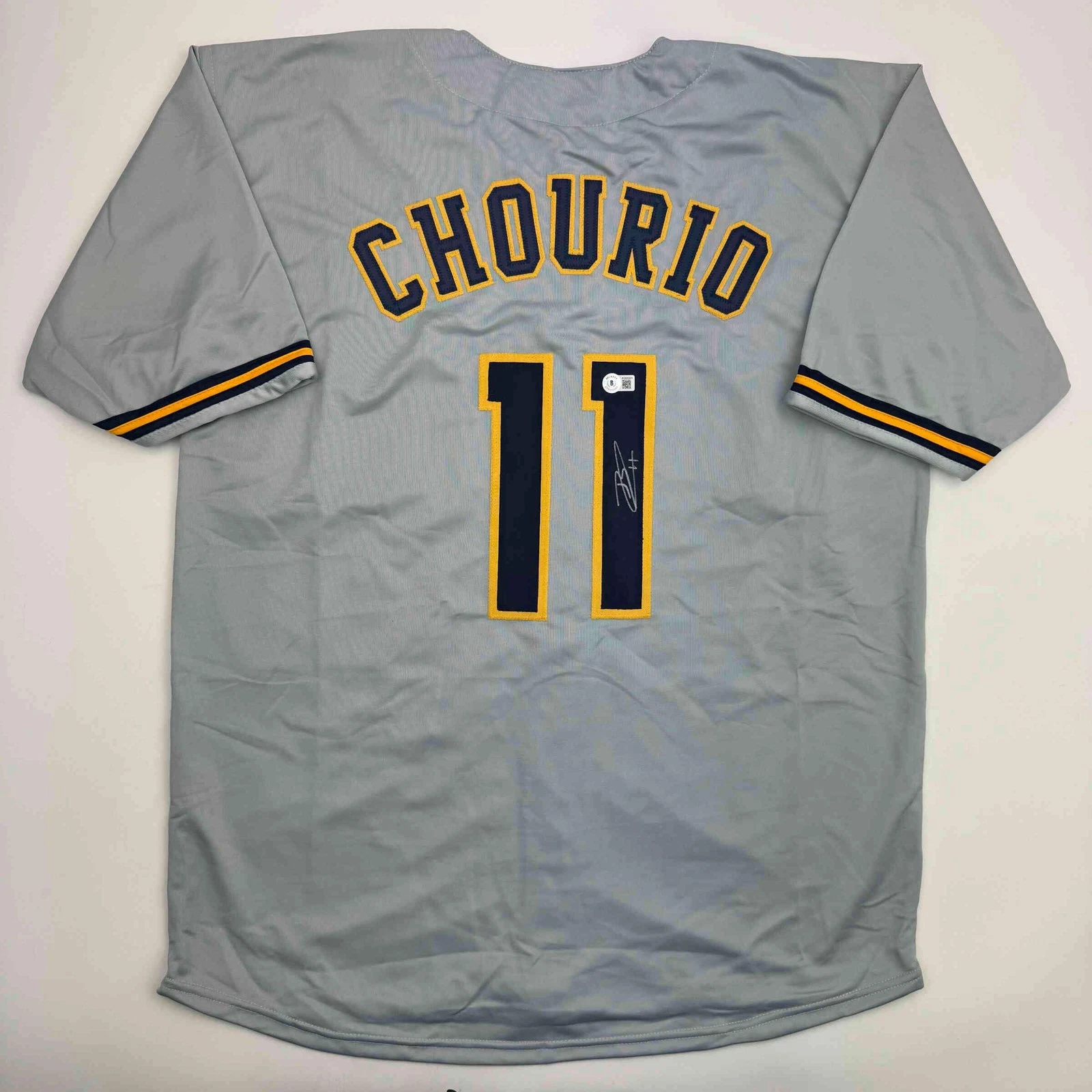 Autographed/Signed Jackson Chourio Milwaukee Grey Baseball Jersey Beckett COA
