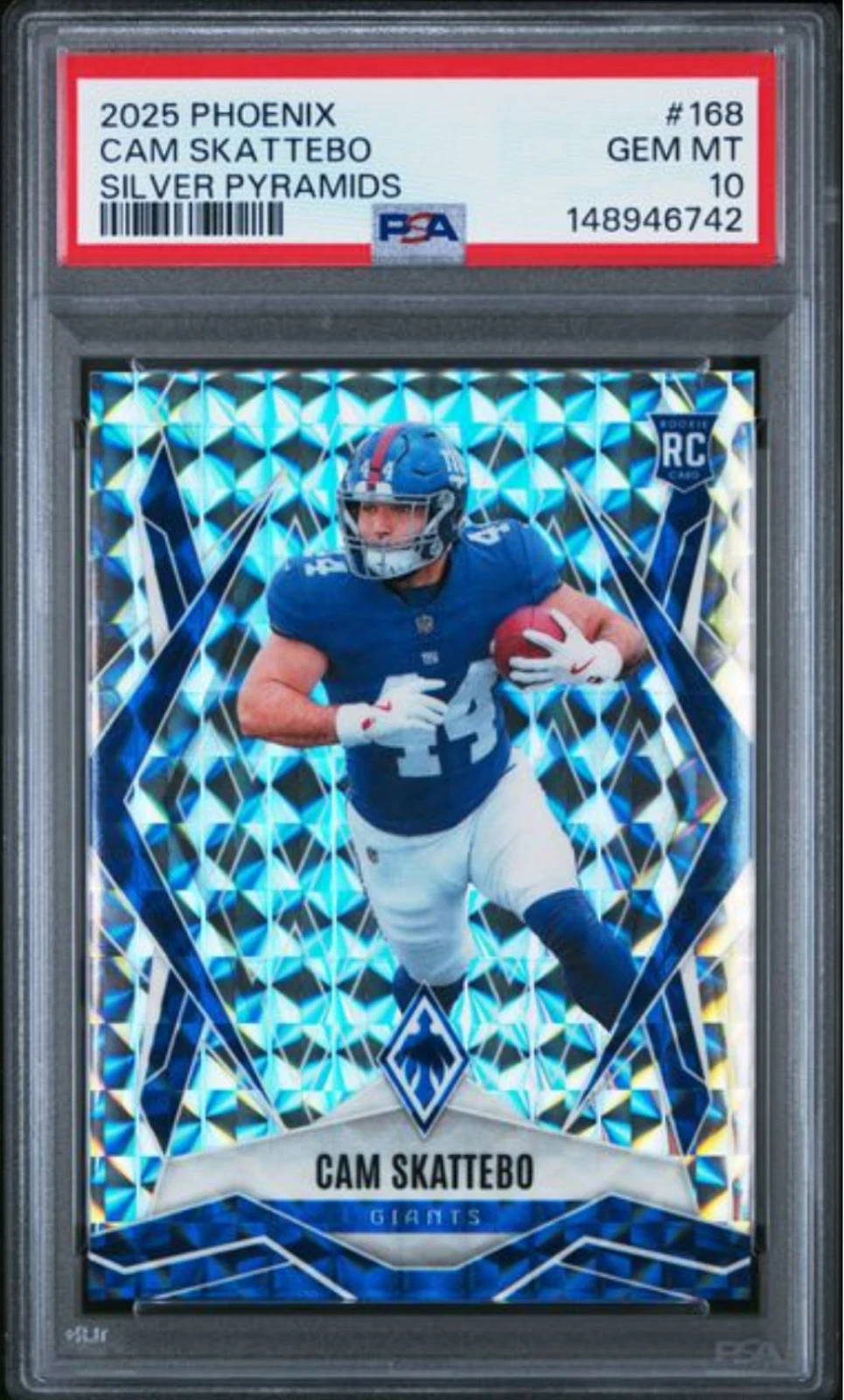 Graded 2025 Panini Phoenix Cam Skattebo #168 Silver Pyramids Rookie Card PSA 10