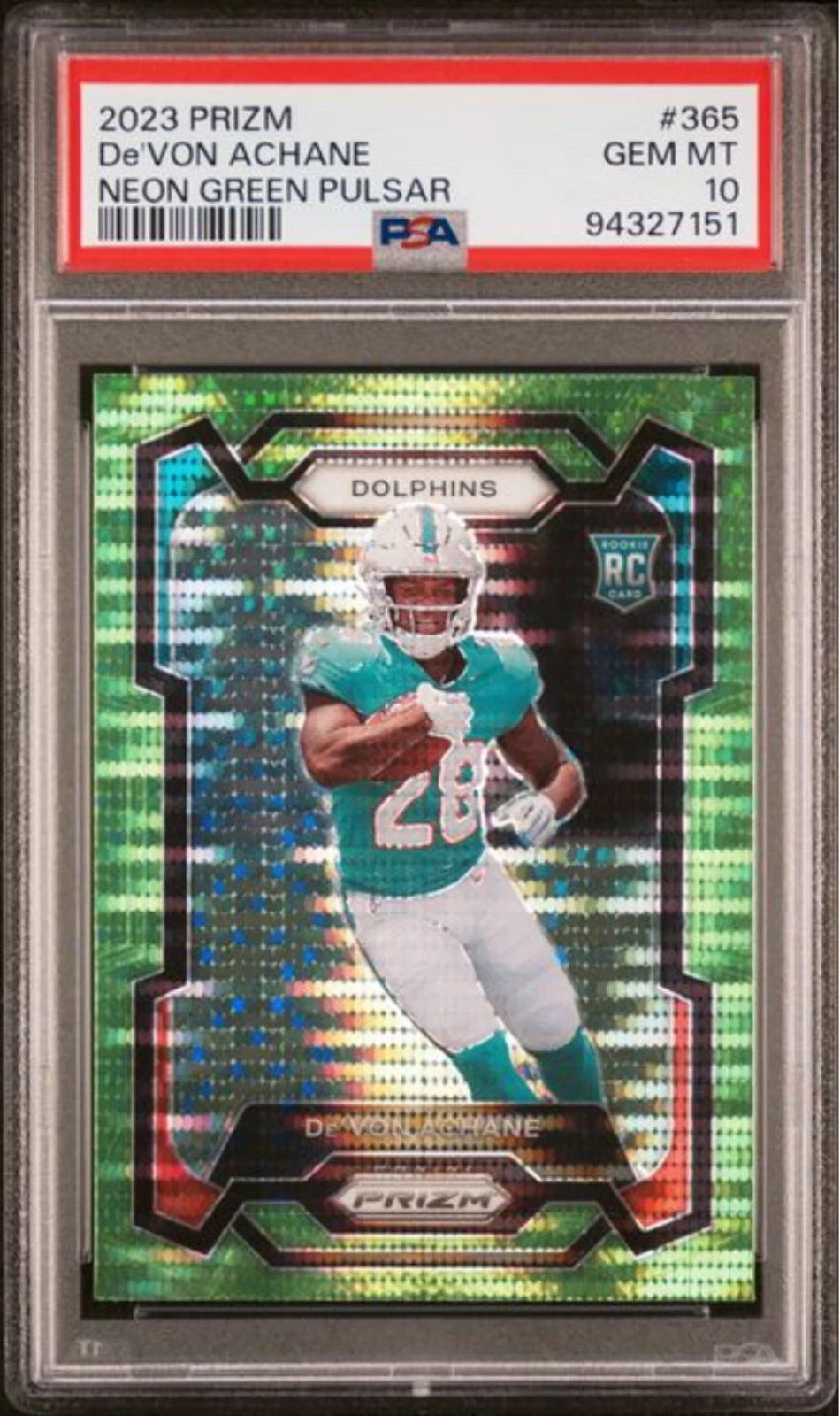Graded 2023 Panini Prizm Devon Achane #365 Neon Green Pulsar Rookie Card PSA 10