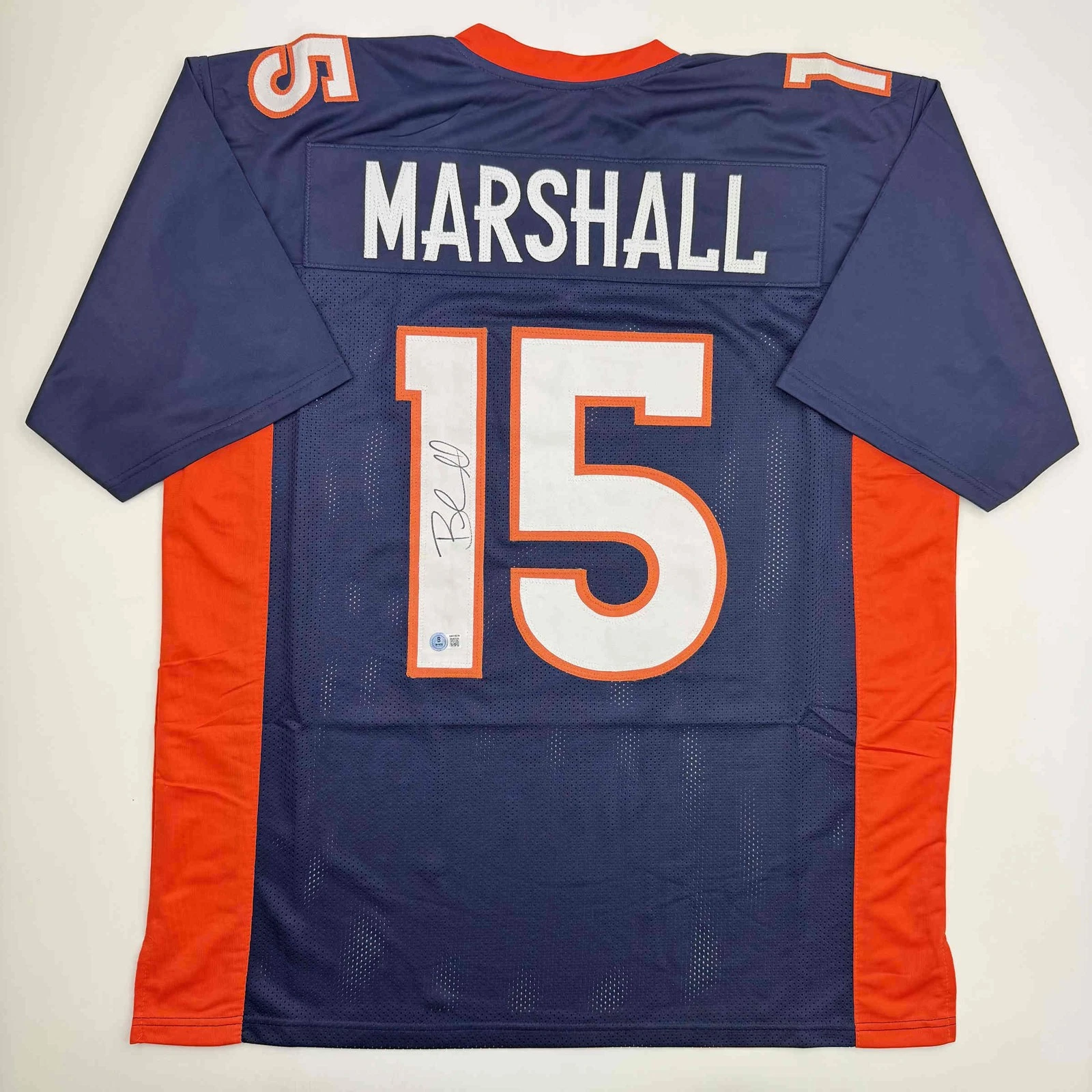 Autographed/Signed Brandon Marshall Denver Blue Football Jersey Beckett BAS COA