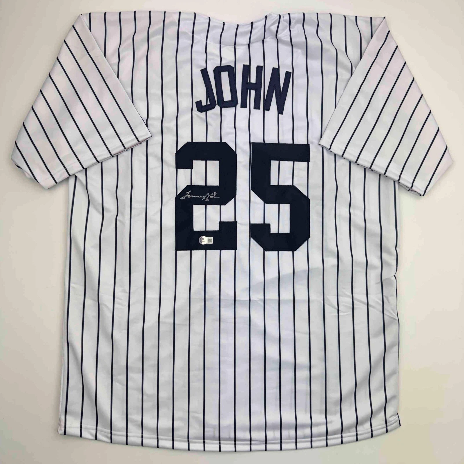 Autographed/Signed Tommy John New York Pinstripe Baseball Jersey Beckett BAS COA