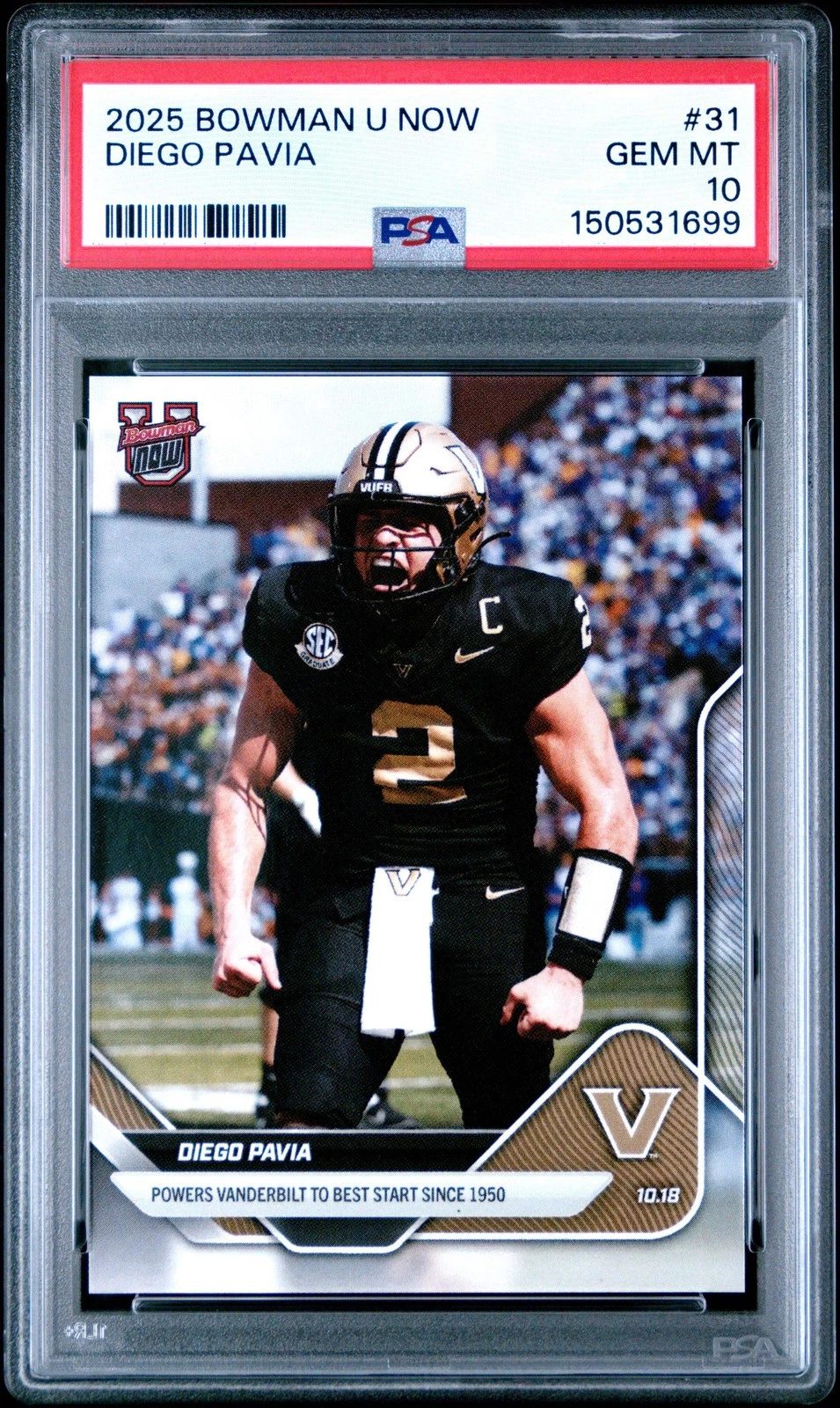 Graded 2025 Topps Bowman U Now Diego Pavia #31 Rookie RC Card PSA 10 Gem Mint