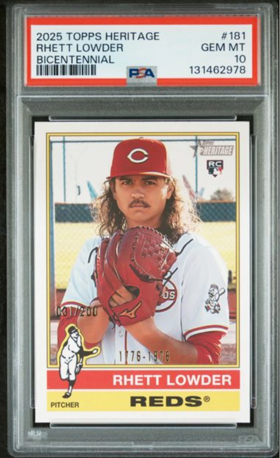 Graded 2025 Topps Heritage Rhett Lowder #181 Bicentennial /200 RC Card PSA 10