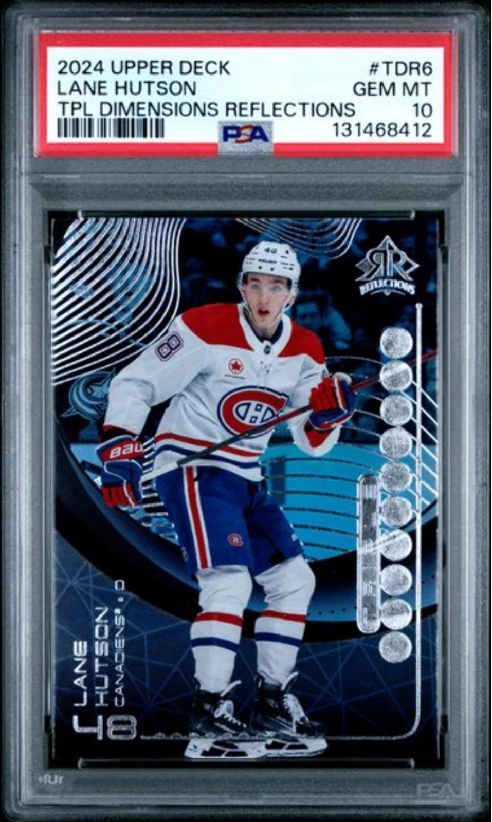 Graded 2024 UD Lane Hutson #TDR6 TPL Dimensions Reflections Hockey Card PSA 10