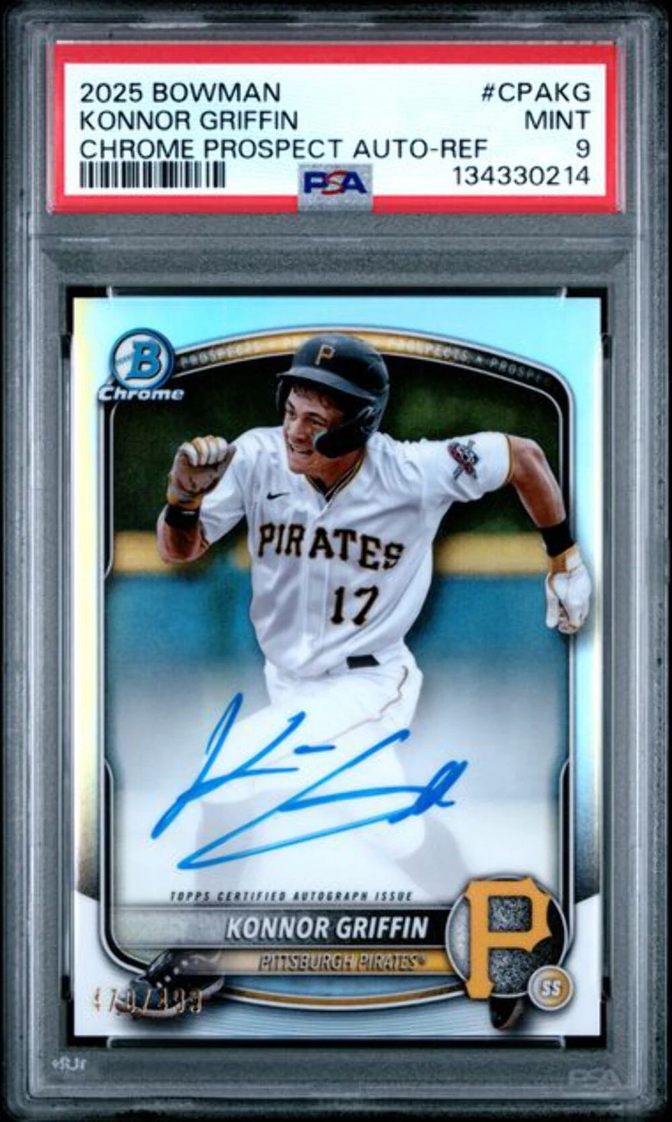Graded 2025 Bowman Konnor Griffin #CPAKG /499 Chrome Auto REF Rookie Card PSA 9
