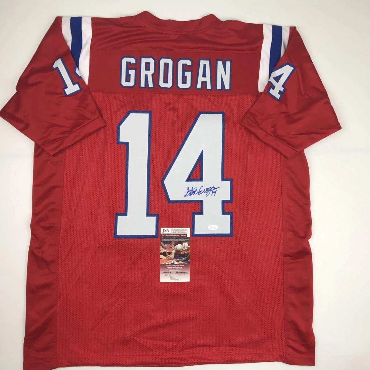 Autographed/Signed STEVE GROGAN New England Red Football Jersey JSA COA Auto