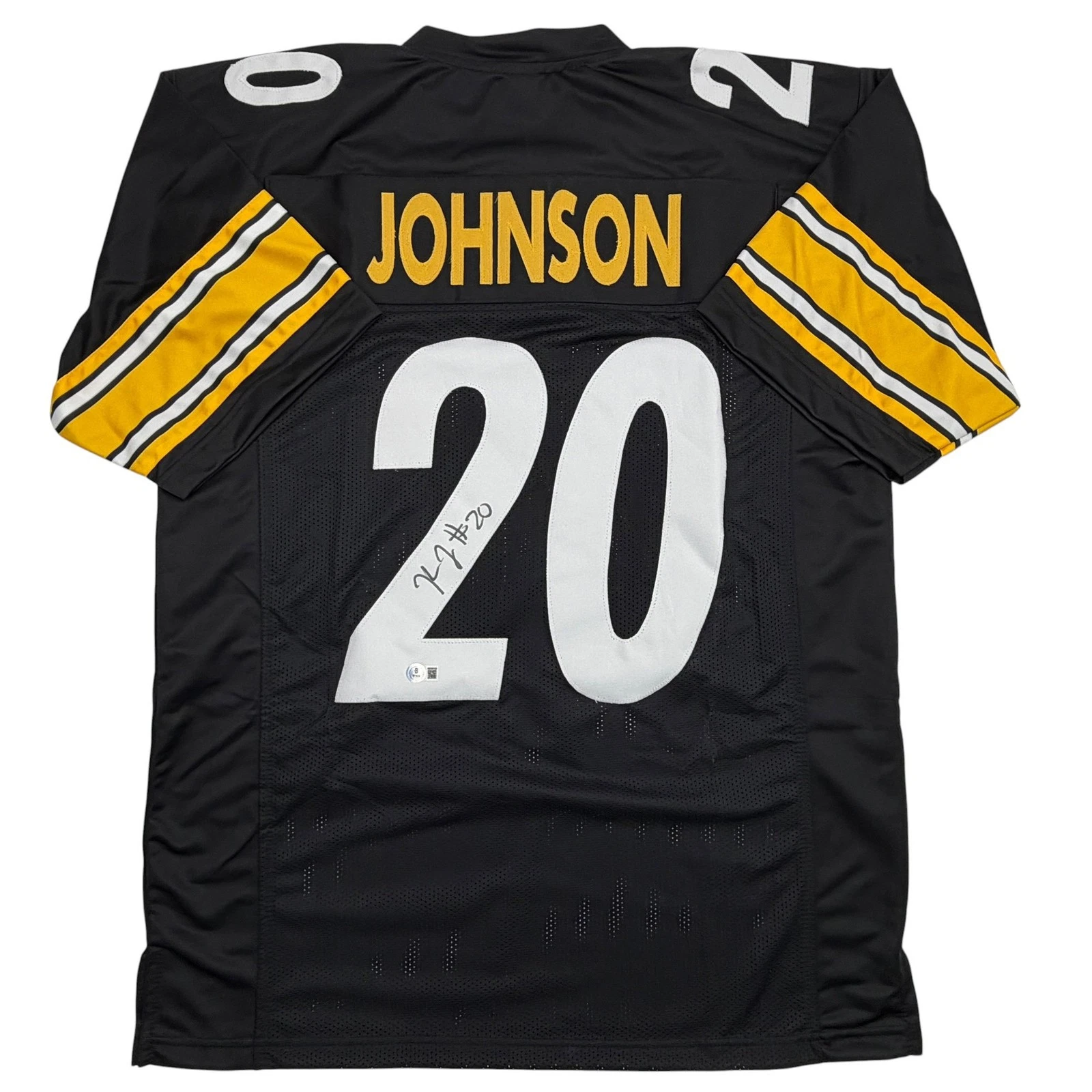 Autographed/Signed Kaleb Johnson Pittsburgh Black Football Jersey Beckett COA