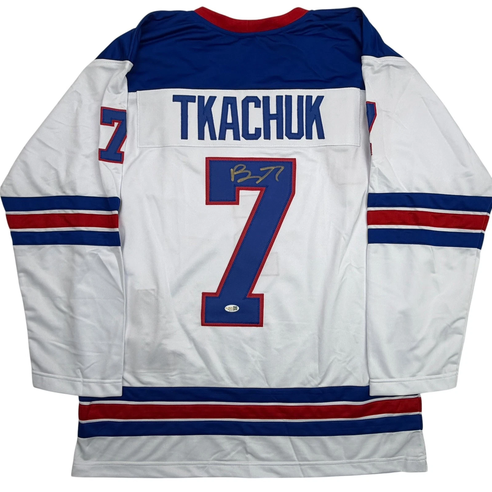 Autographed/Signed Brady Tkachuk USA 2026 Olympics Gold White Jersey JSA COA